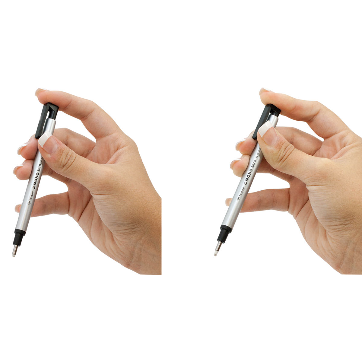 The clip end depresses to extend the eraser on the Tombow Mono Zero Refillable Erasers. (Round)