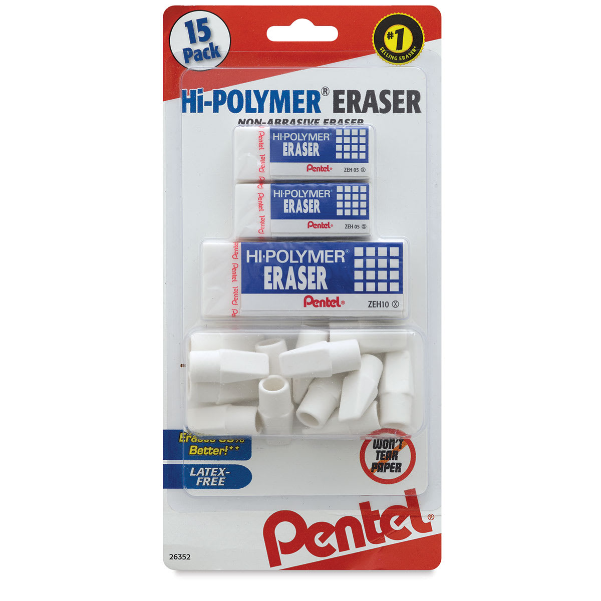 Pentel Hi-Polymer Erasers - Front of 15 Assorted Eraser Package shown
Pentel Hi-Polymer Erasers - Front of 15 Assorted Eraser Package shown