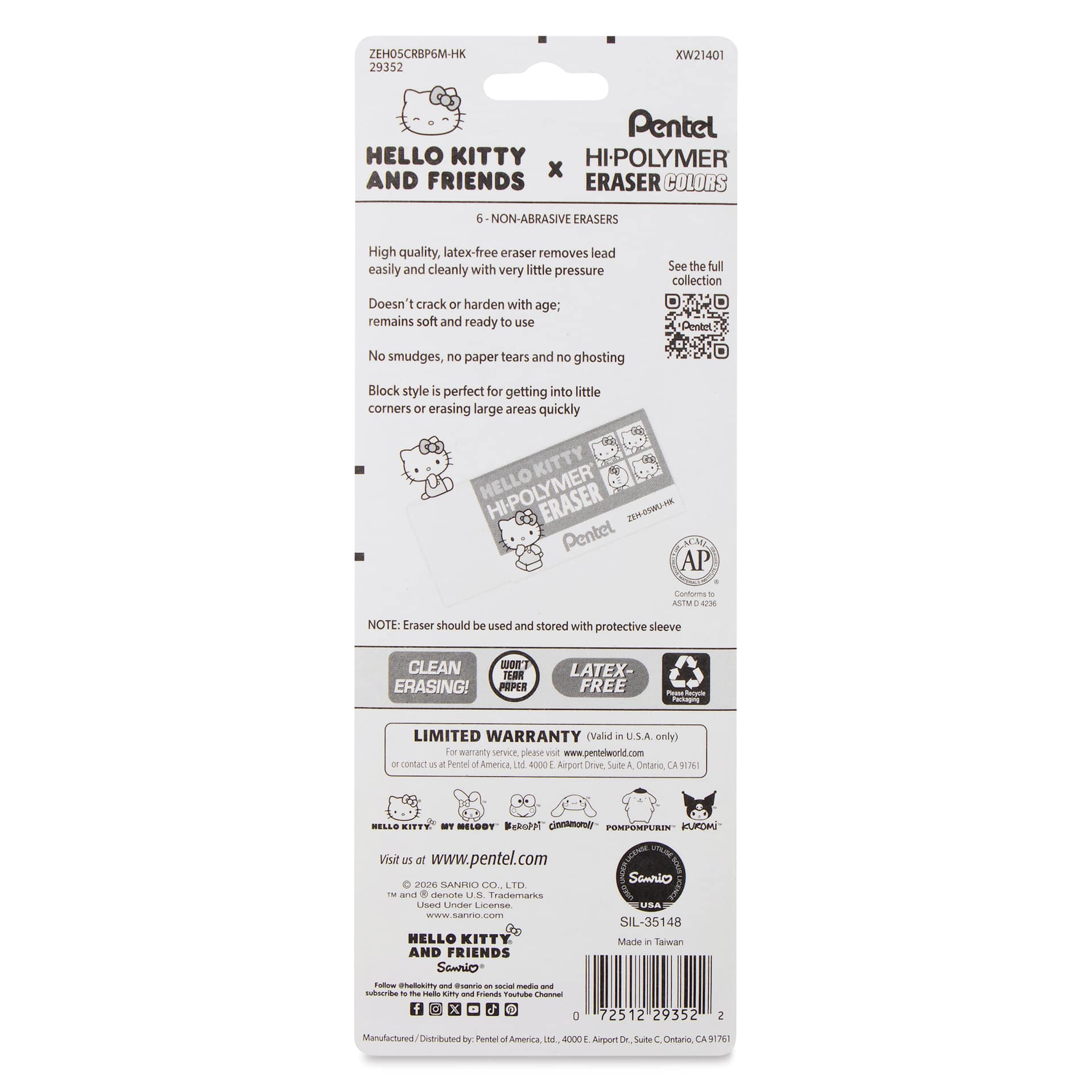 Pentel Hi-Polymer Erasers - Hello Kitty, Pkg of 6, back of packaging