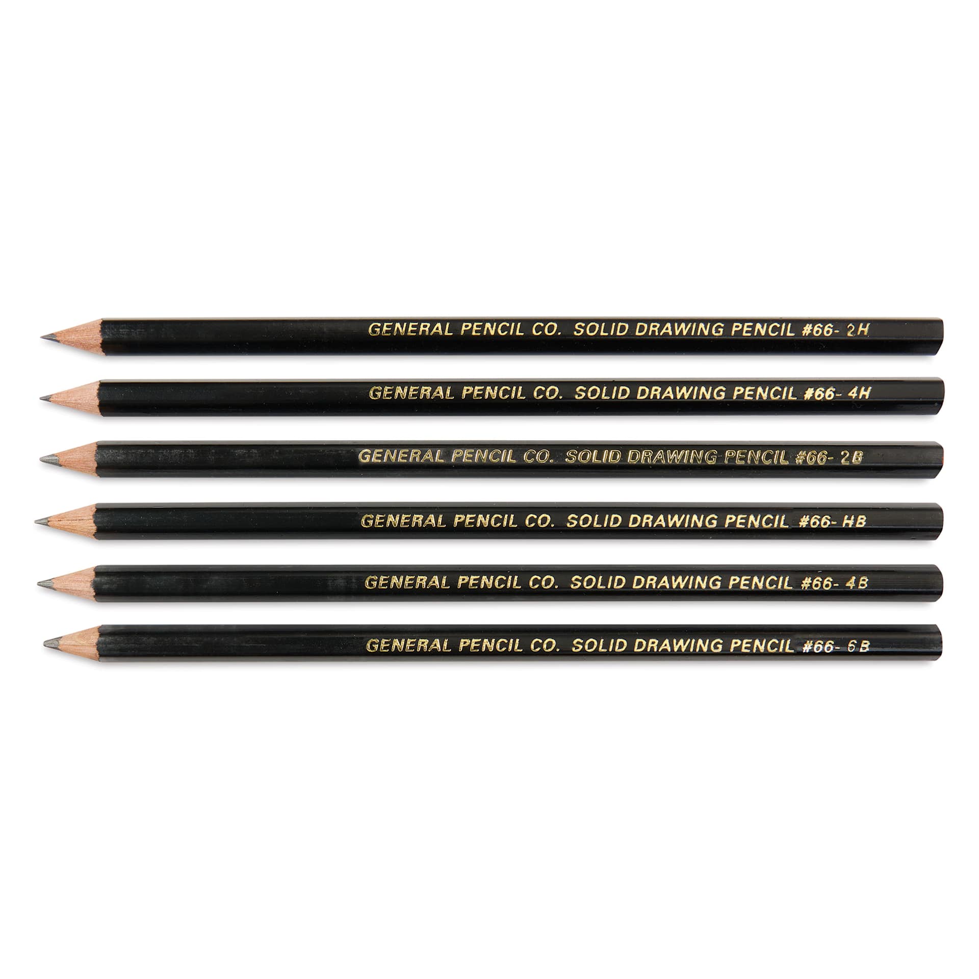 General's Solid Graphite Drawing Pencils - Classroom Pack of 144, six single pencils laid out