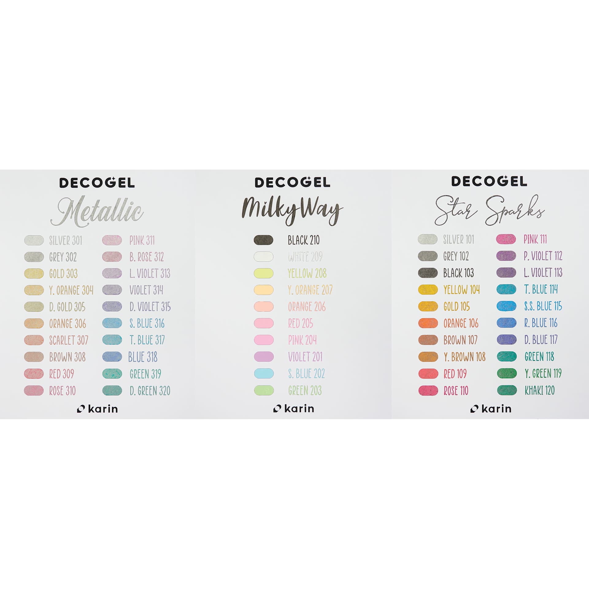Karin DecoGel Cosmic Pens - Assorted, Set of 60, color swatch card
