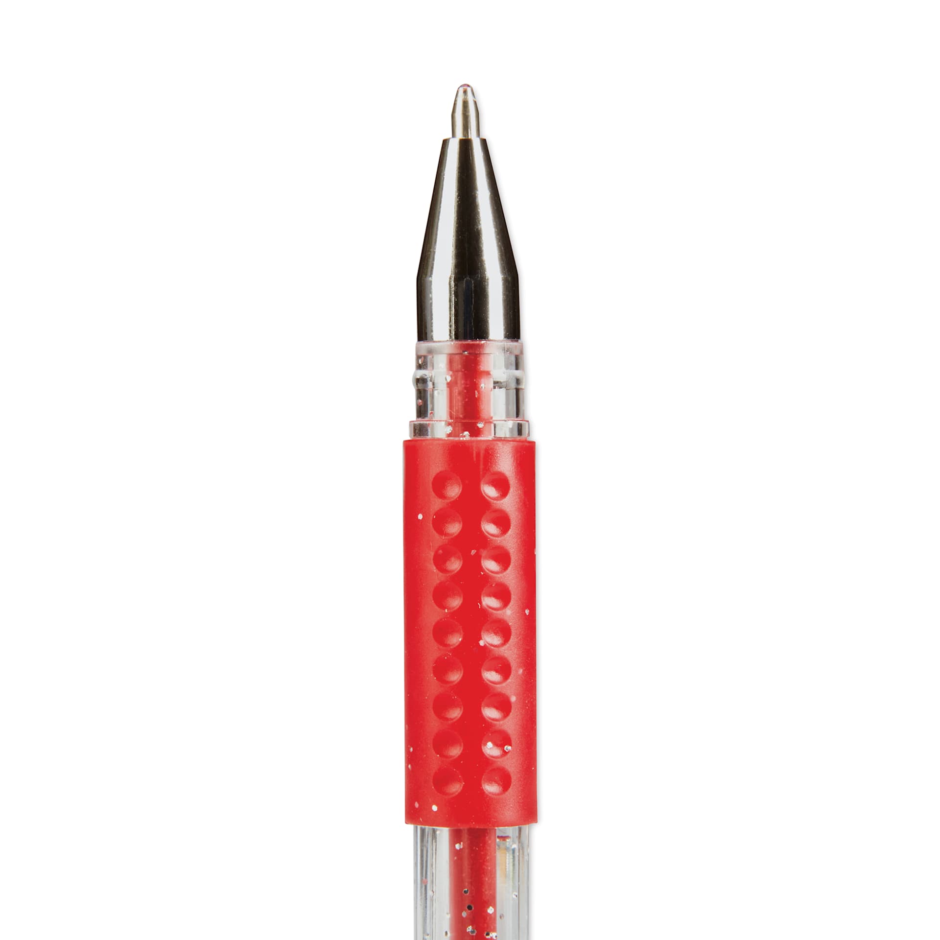 Kingart Studio Gel Pens - Set of 12, close-up of the rollerball nib of a single Glitter Red pen