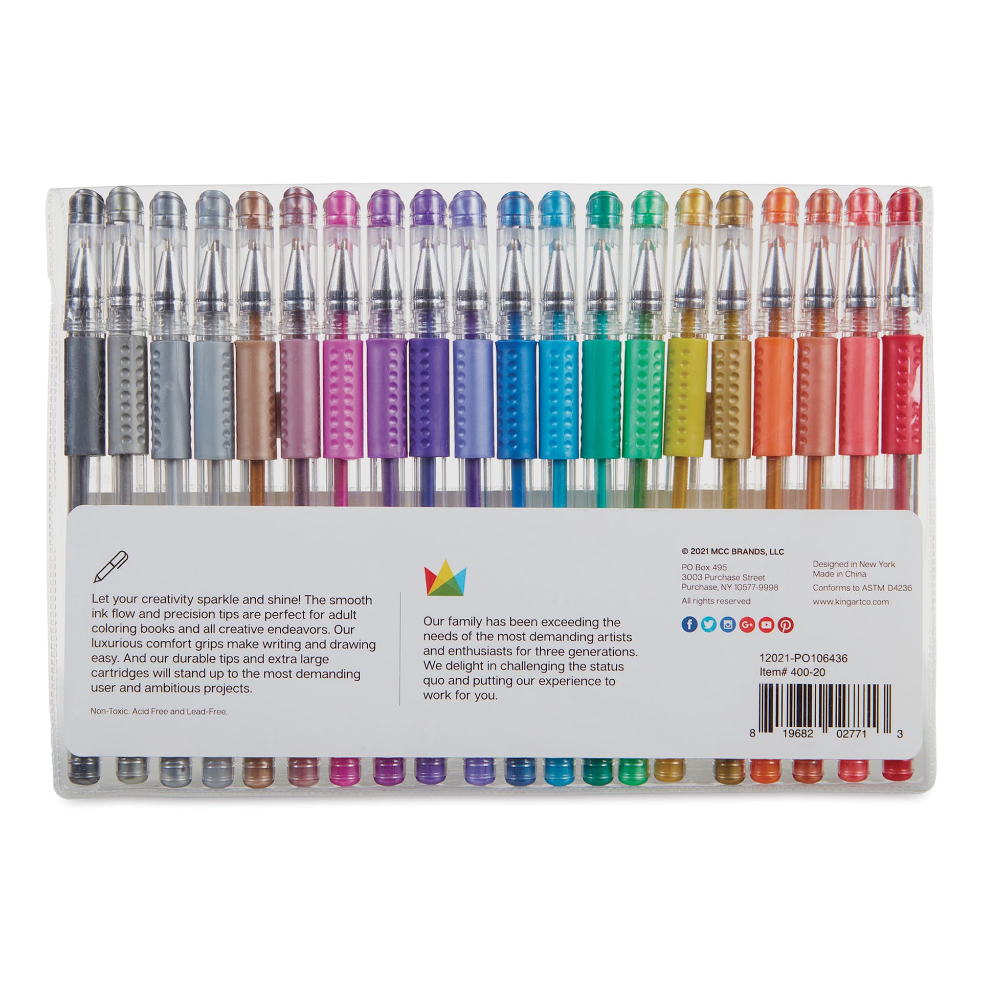 Kingart Studio Gel Pens - Set of 20, Metallic Colors, back of the packaging