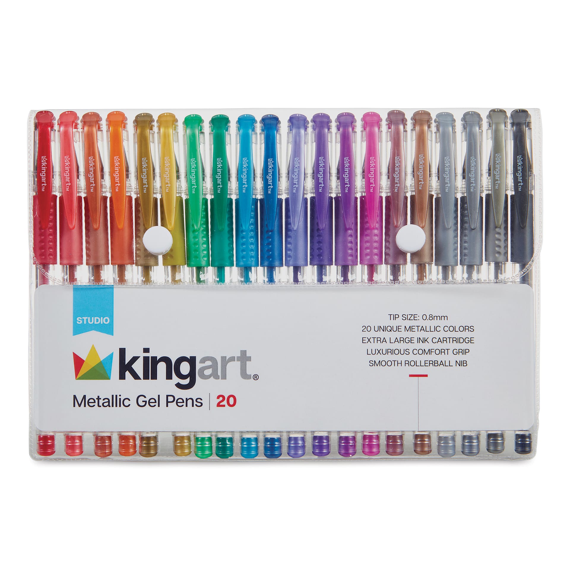 Kingart Studio Gel Pens - Set of 20, Metallic Colors, front of the packaging