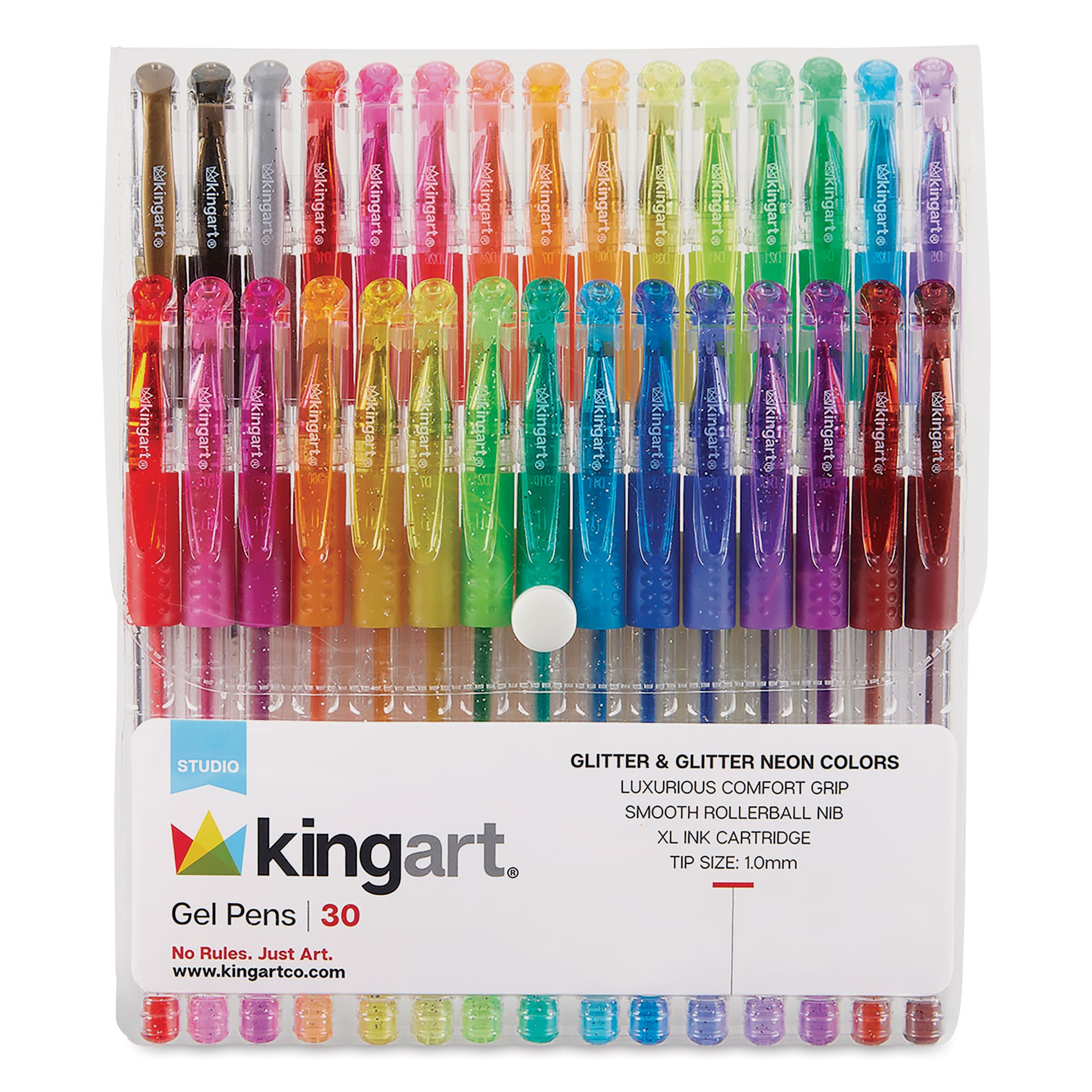 Kingart Studio Gel Pens - Set of 30, Glitter and Glitter Neon Colors, front of the packaging