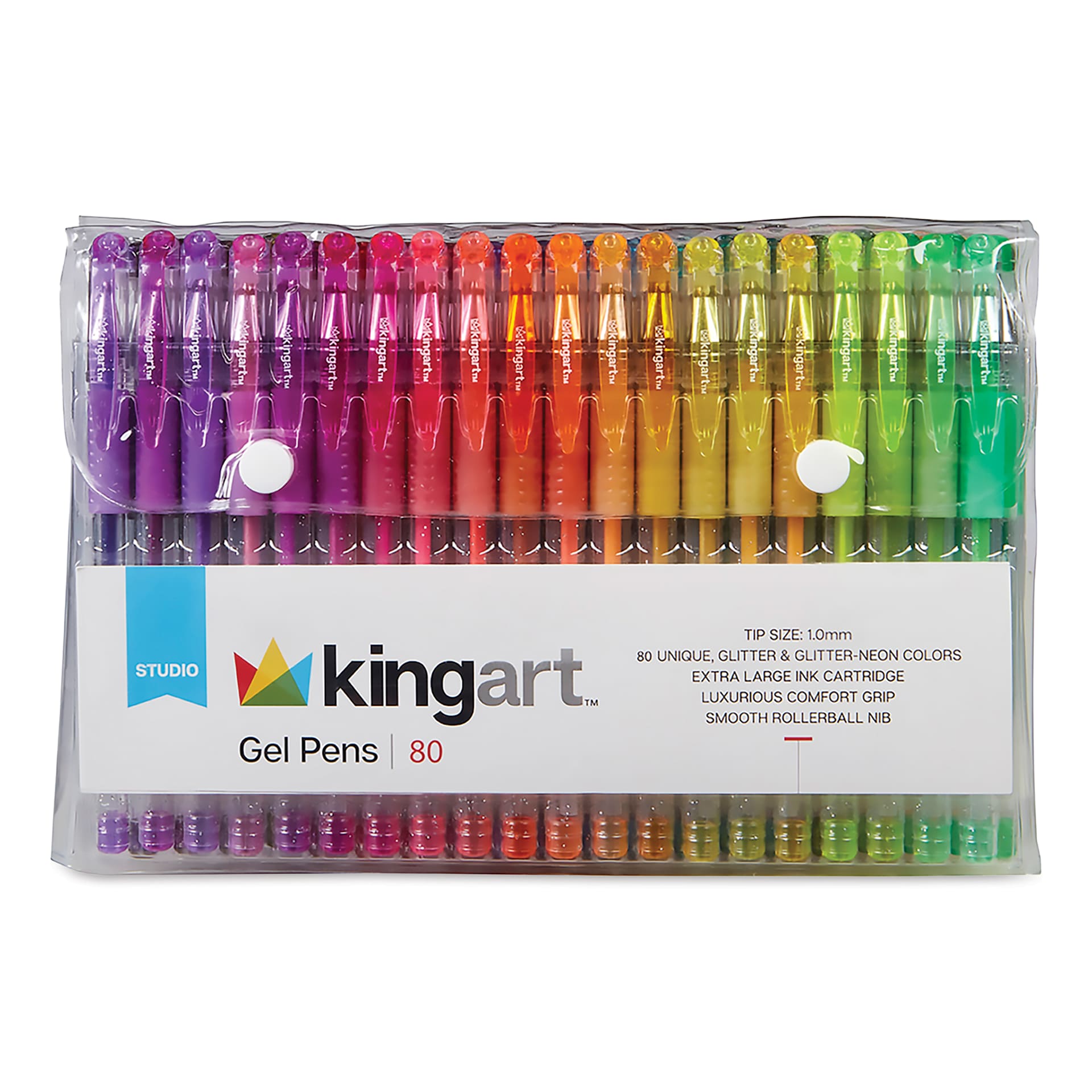 Kingart Studio Gel Pens - Set of 80, Glitter and Glitter Neon Colors, front of the packaging
