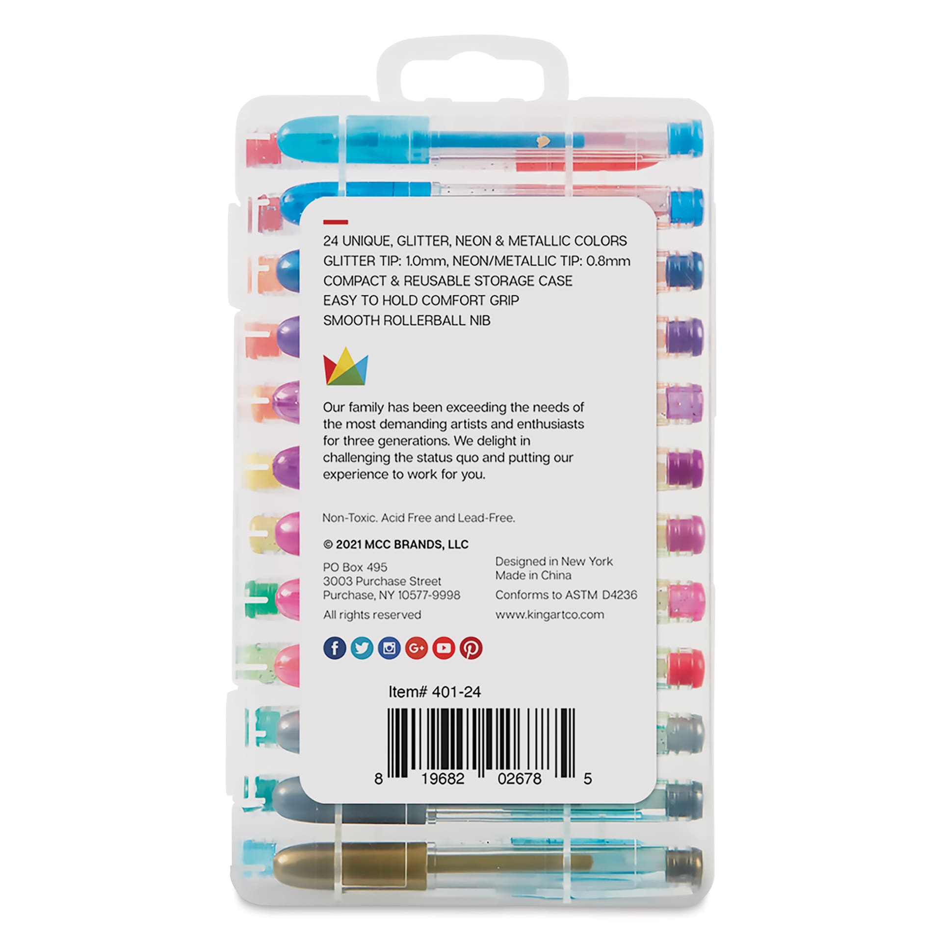 Kingart Mini Gel Pens - Set of 24, back of the packaging