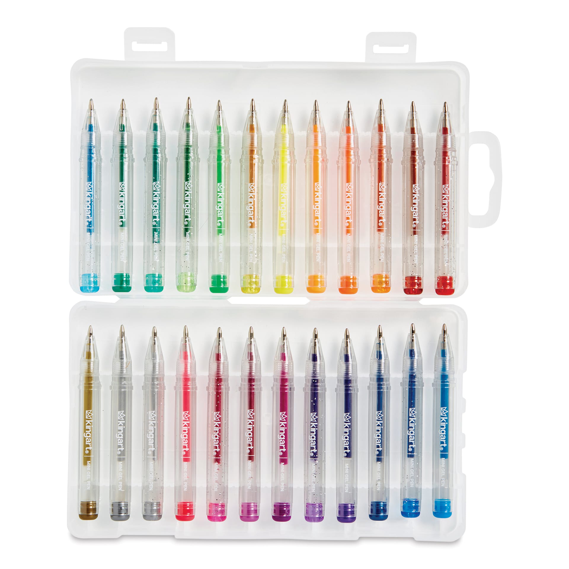 Kingart Mini Gel Pens - Set of 24, pens with caps off inside the carrying case