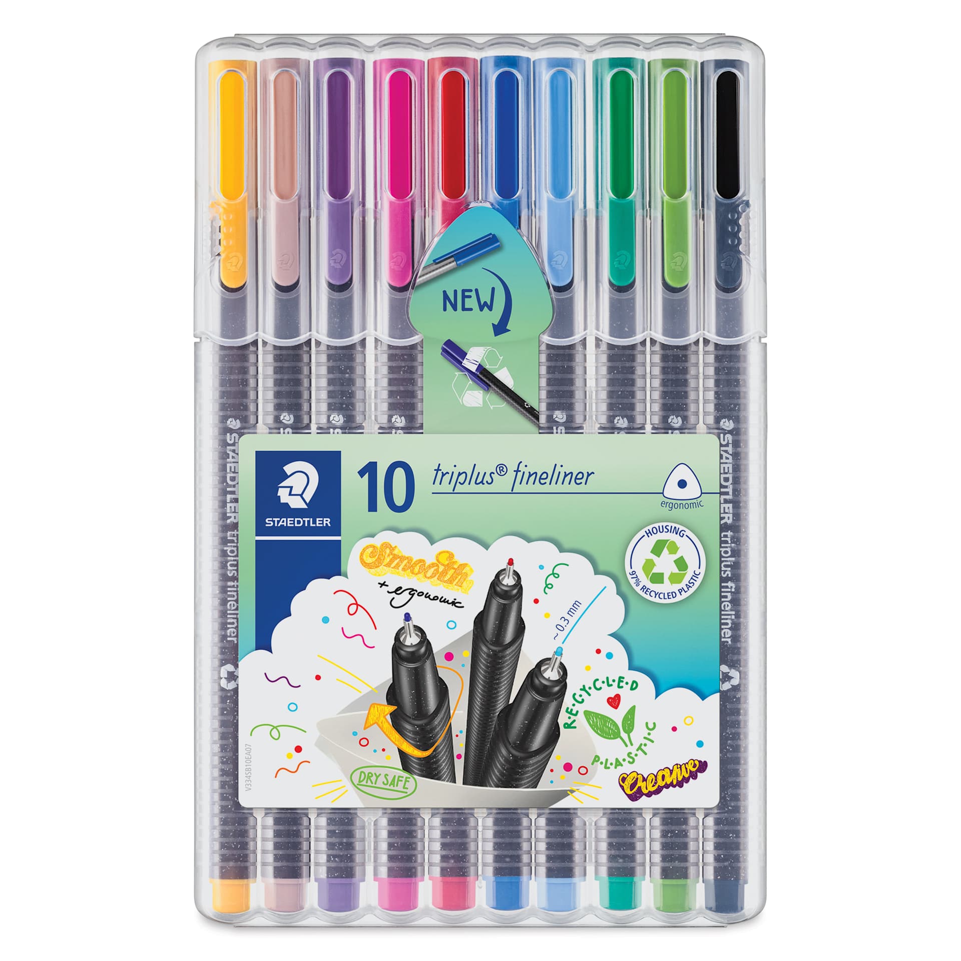 Staedtler Triplus Fineliner Pen - Set of 10, Assorted Colors, packaging