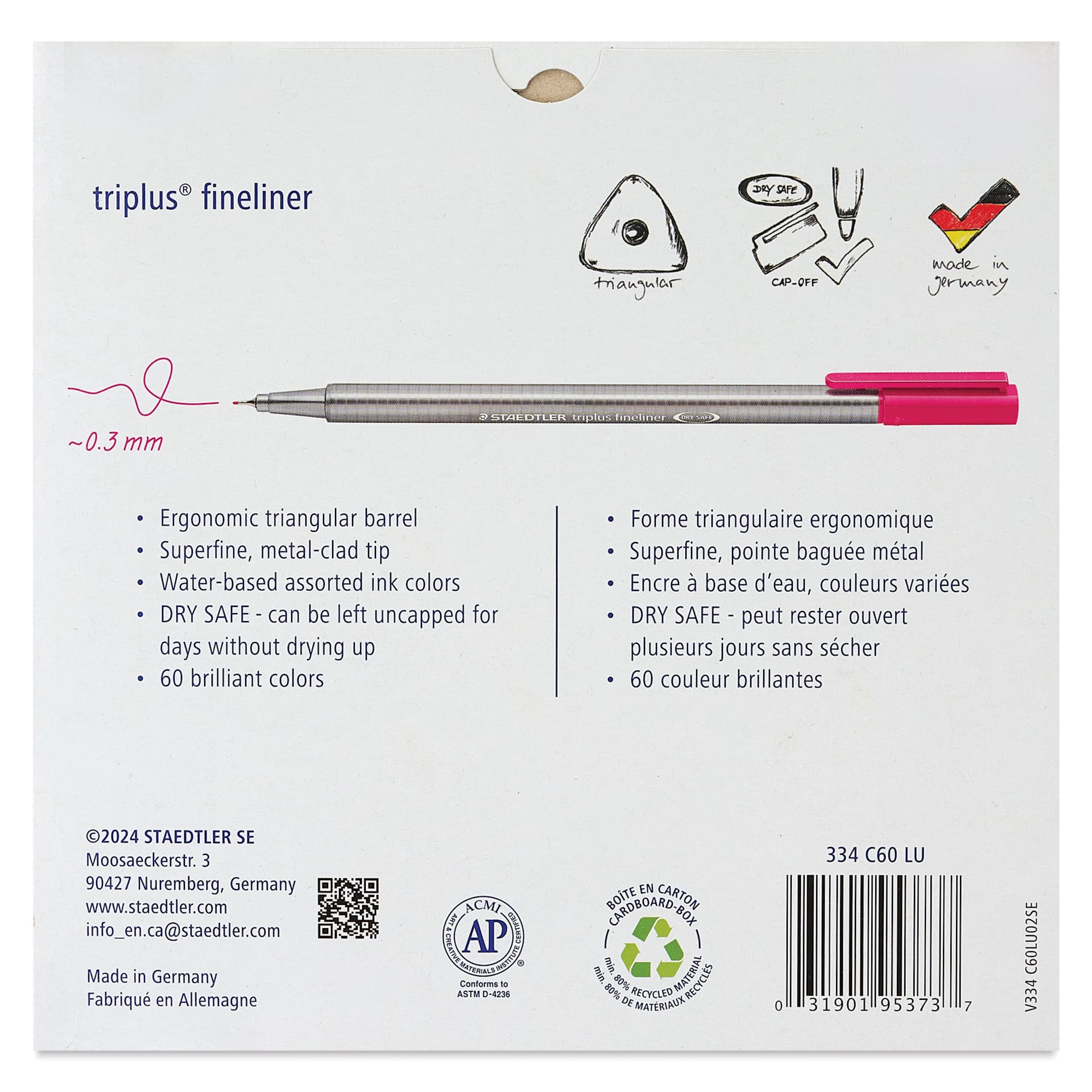 Staedtler Triplus Fineliner Pen - Set of 60, Assorted Colors, back of packaging