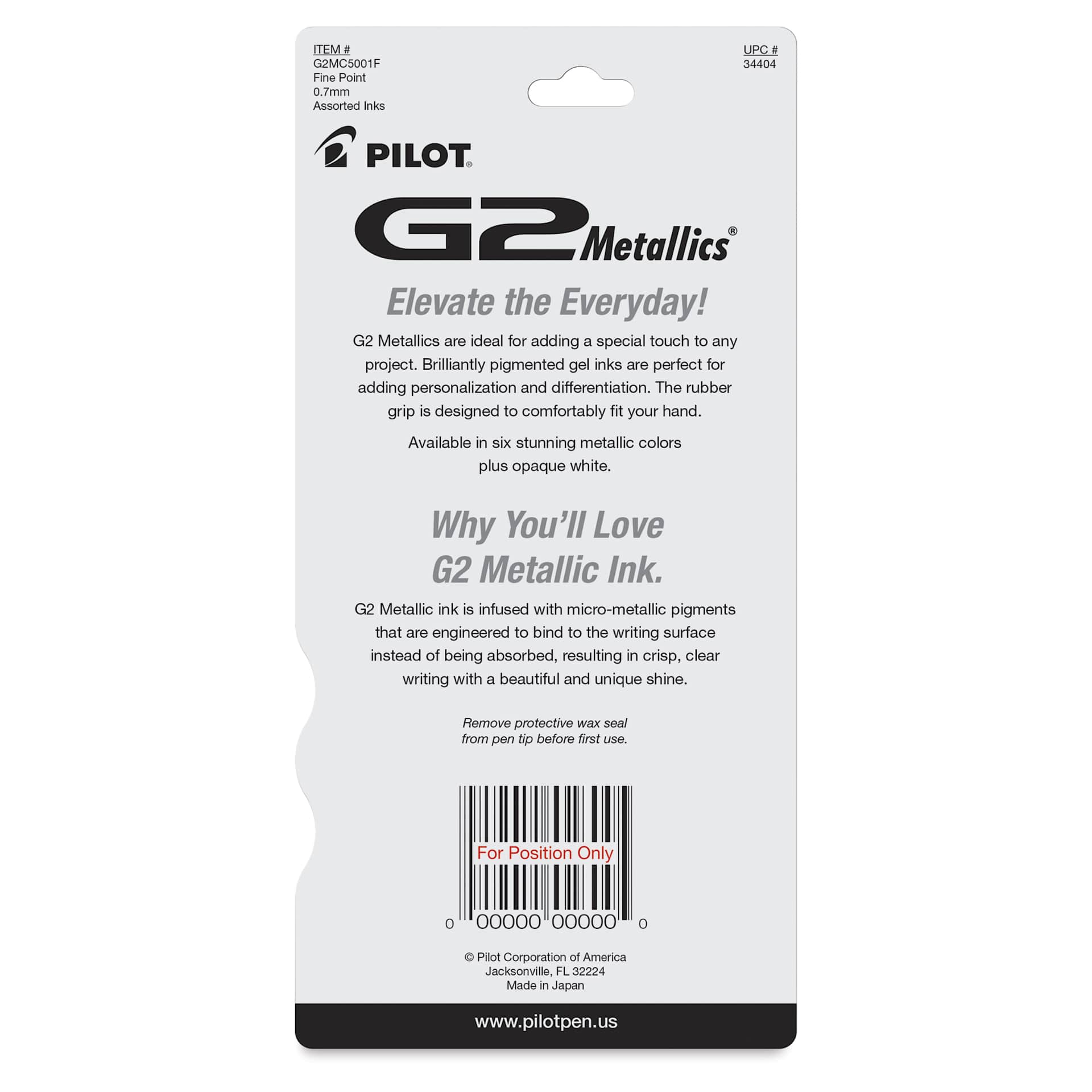Pilot G2 Gel Pens - Metallic Colors, 0.7 mm, Fine, Set of 5 - back of packaging