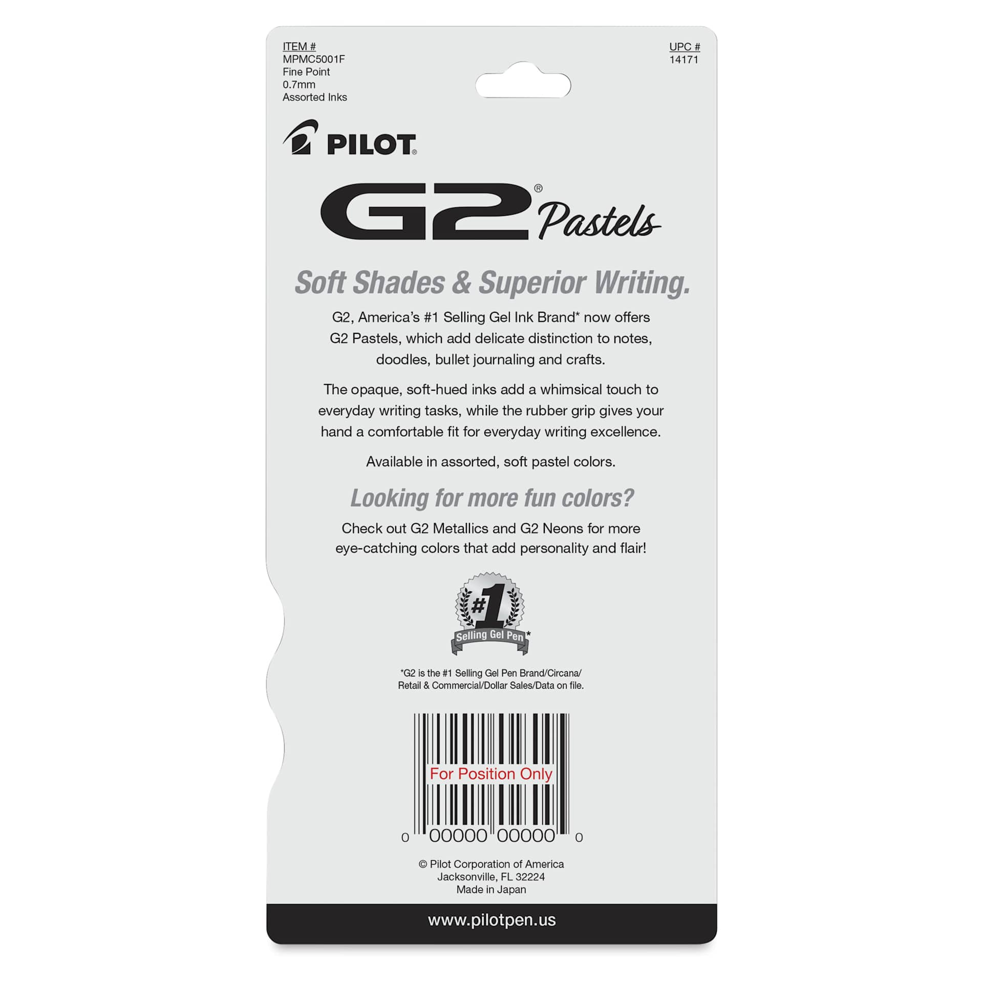 Pilot G2 Gel Pens - Pastel Colors, 0.7 mm, Fine, Set of 5 - back of packaging