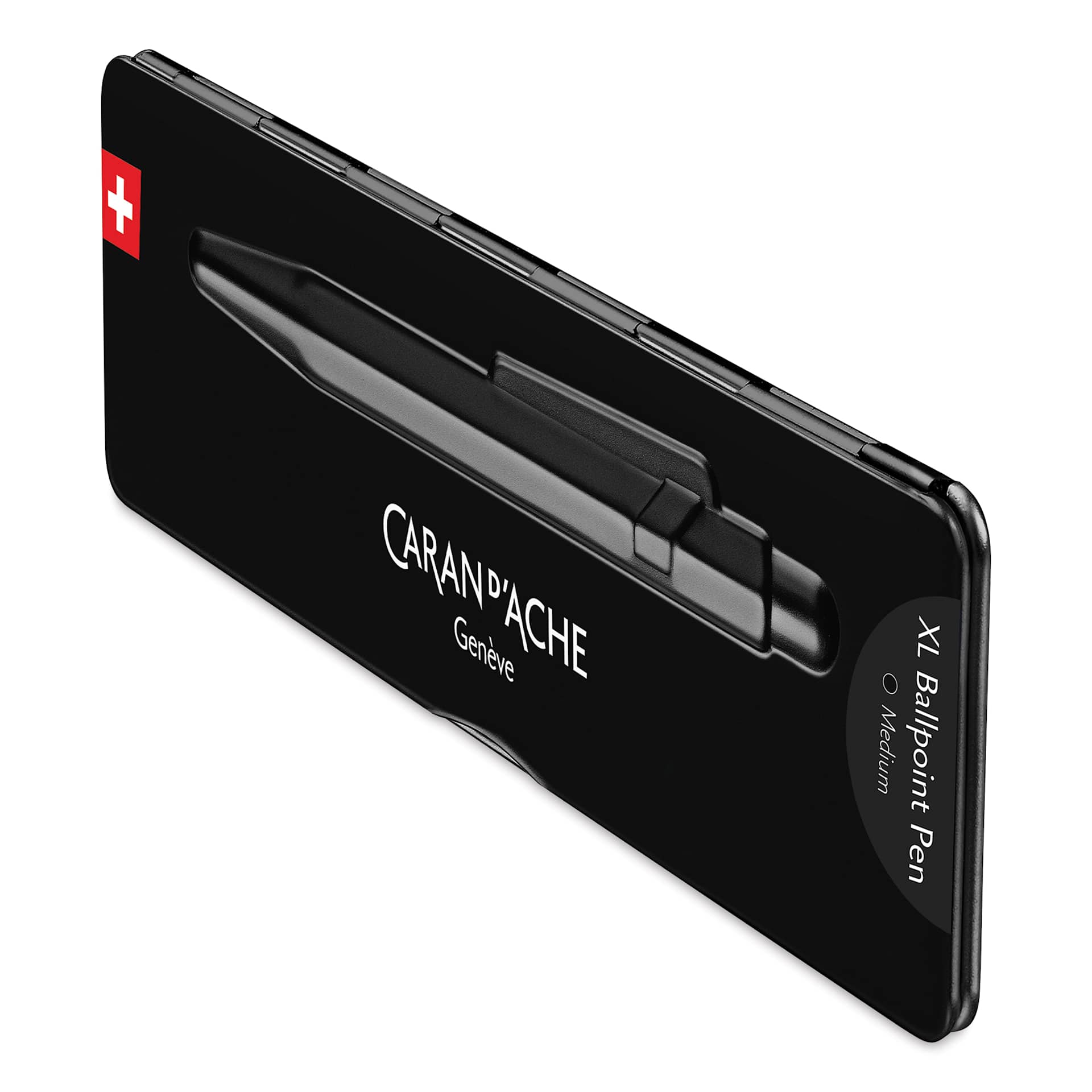 Caran d'Ache 849 Black Code XL Ballpoint Pen - Black, metal case shown sideways