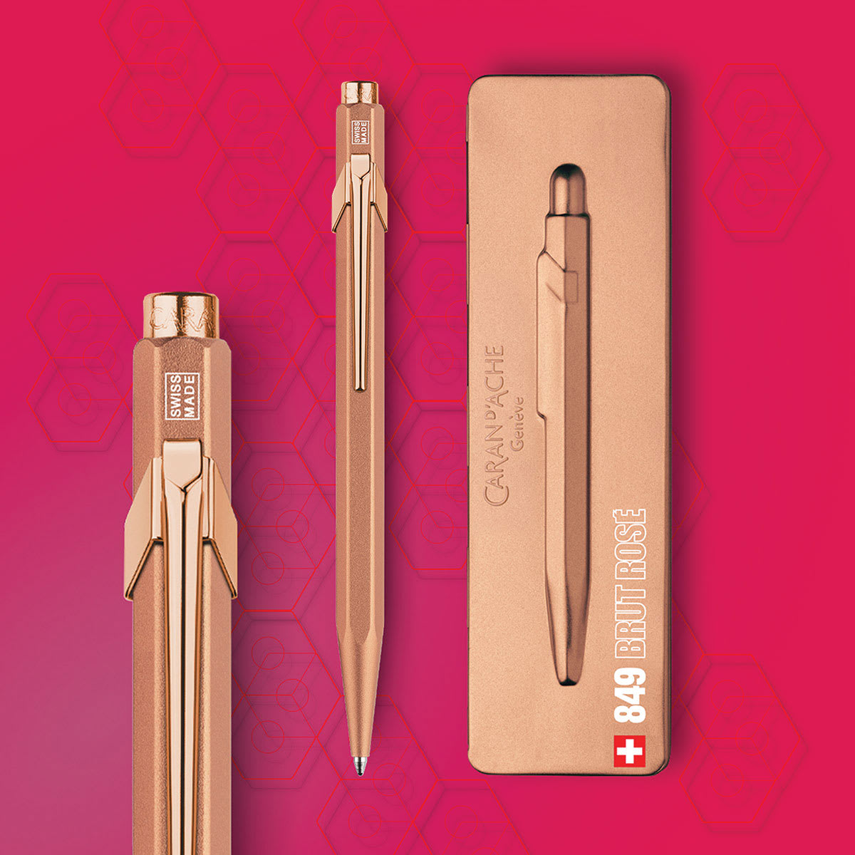 Caran d'Ache 849 Premium Ballpoint Pen - Brut Rose pen and case