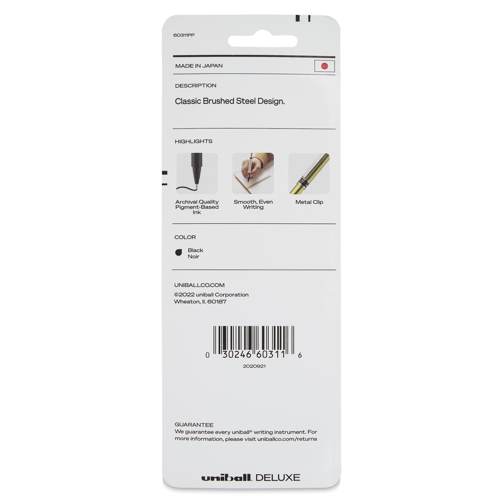 Uni-Ball Deluxe Rollerball Pens - Champagne, Fine Tip, 0.7 mm, Set of 3, back of the packaging
