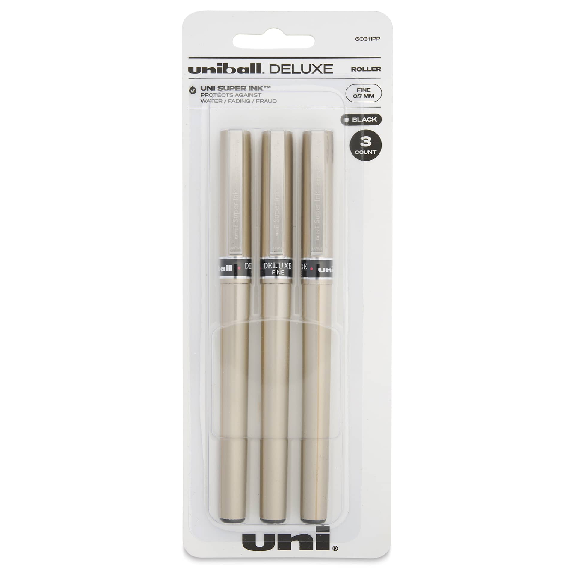 Uni-Ball Deluxe Rollerball Pens - Champagne, Fine Tip, 0.7 mm, Set of 3, front of the packaging