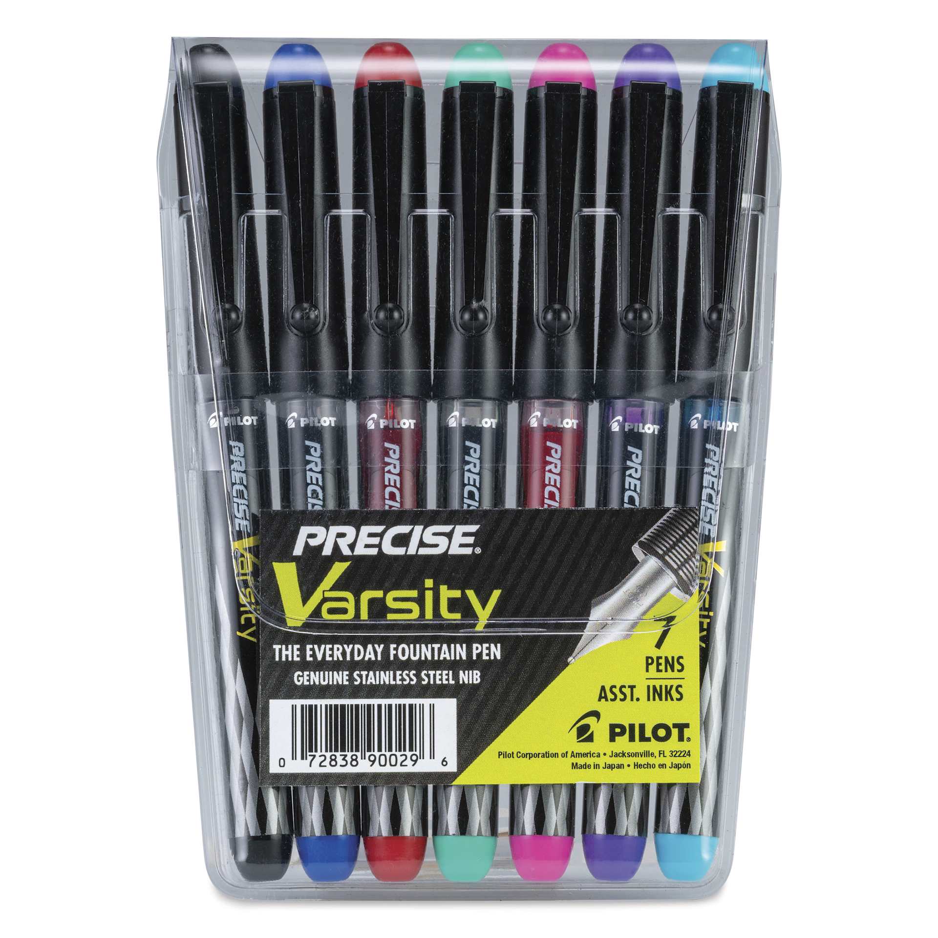 Pilot Precise Varsity Disposable Fountain Pens - Assorted, Set of 7, front of the packaging