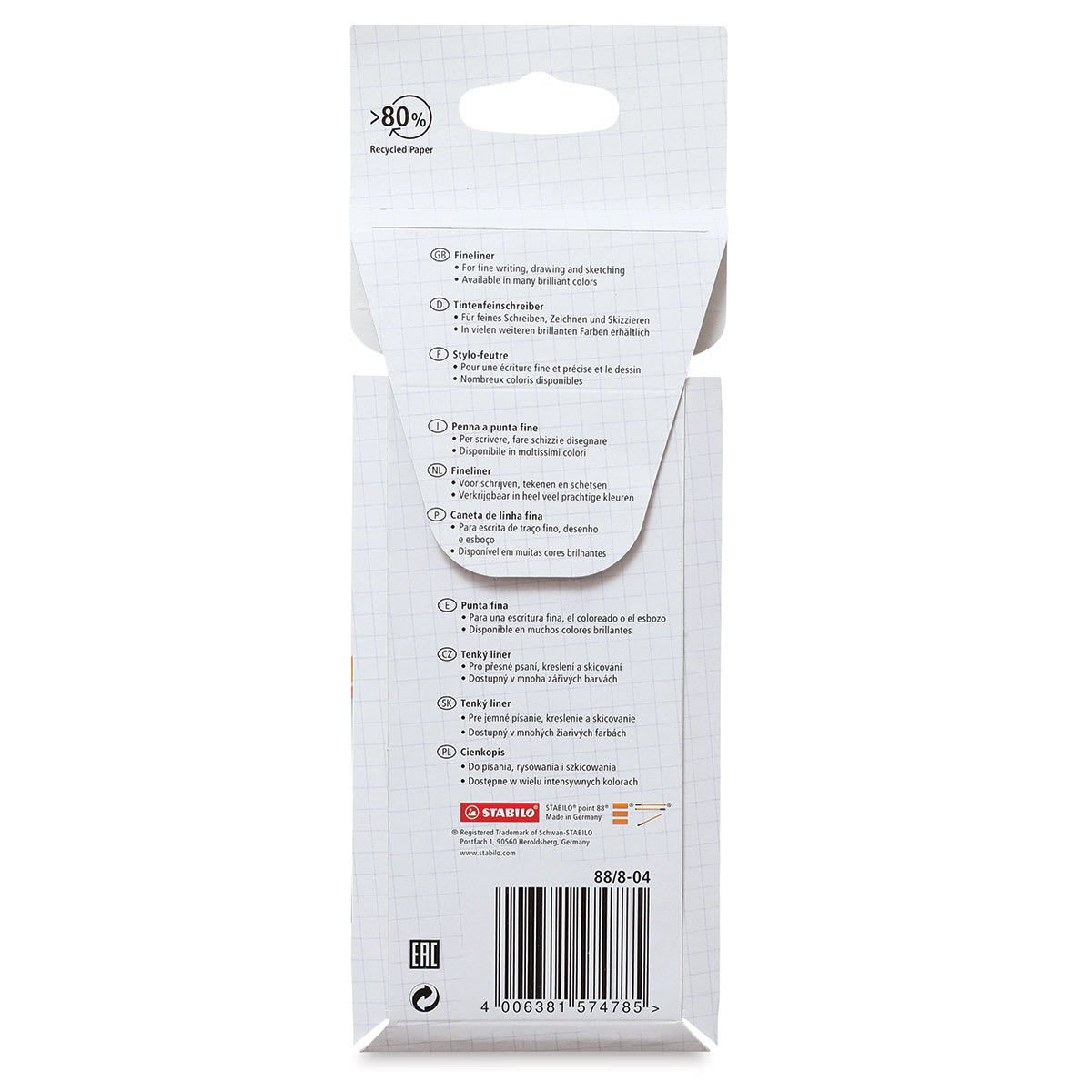 Stabilo Point 88 Fineliner Pens - Muted Colors, Wallet, Set of 8 (back of package)