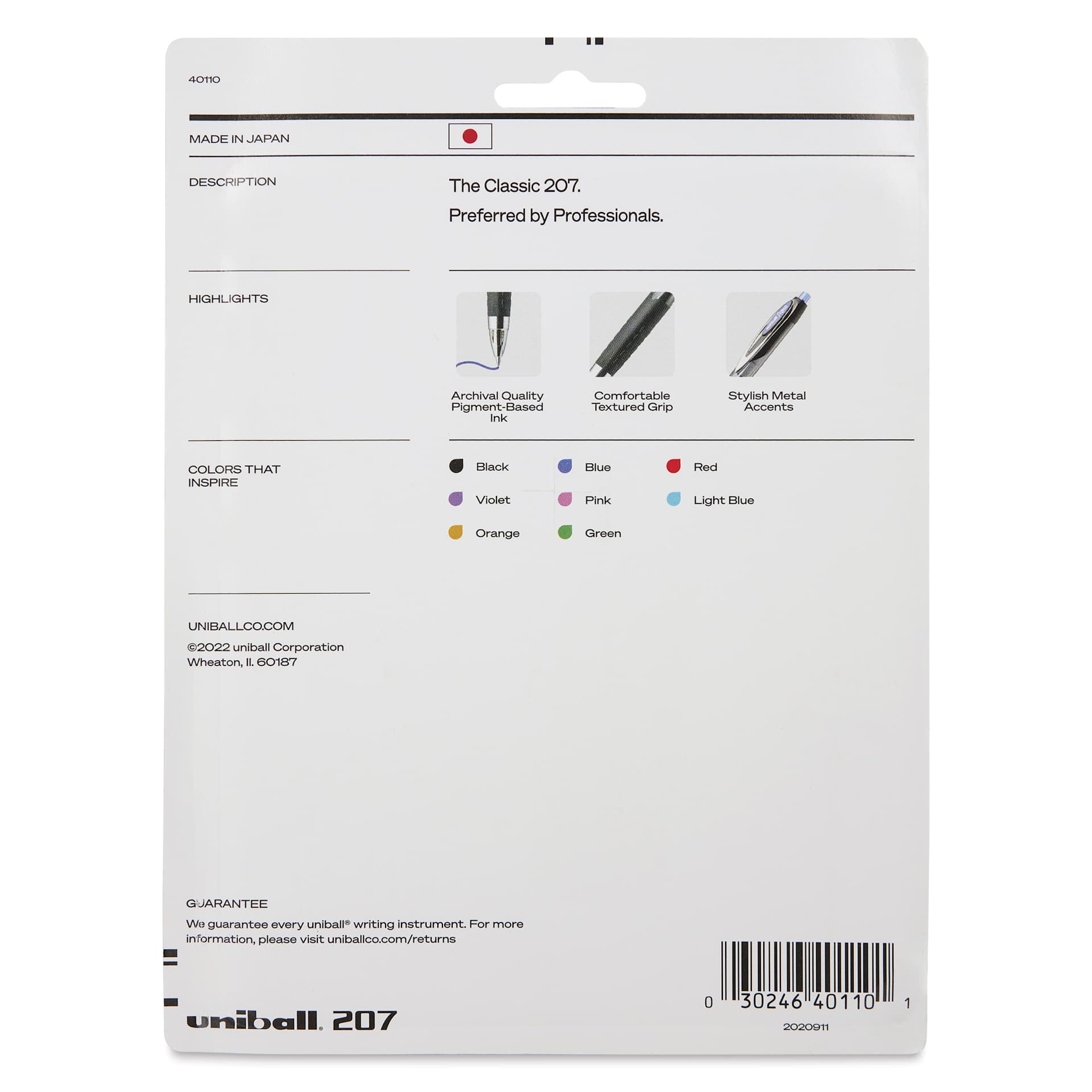 Uni-Ball Signo 207 Rollerball Gel Pens - Assorted Colors, 0.7 mm, Set of 8, back of the packaging