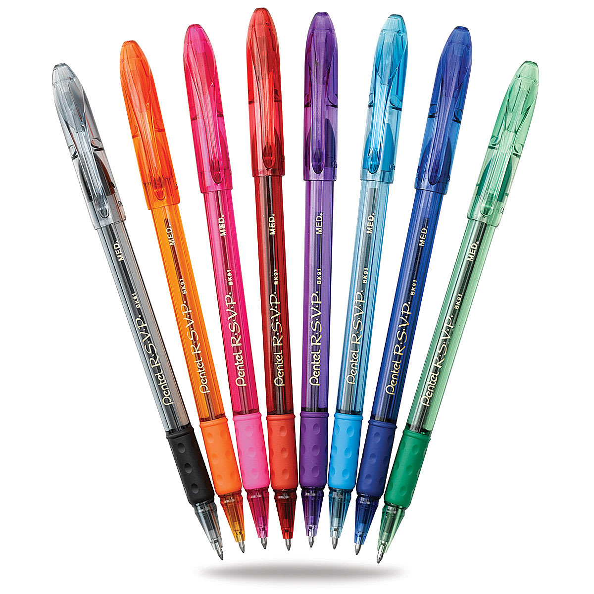 Pentel RSVP Colors Ballpoint Pens - Set of 8 pens fanned out with caps off