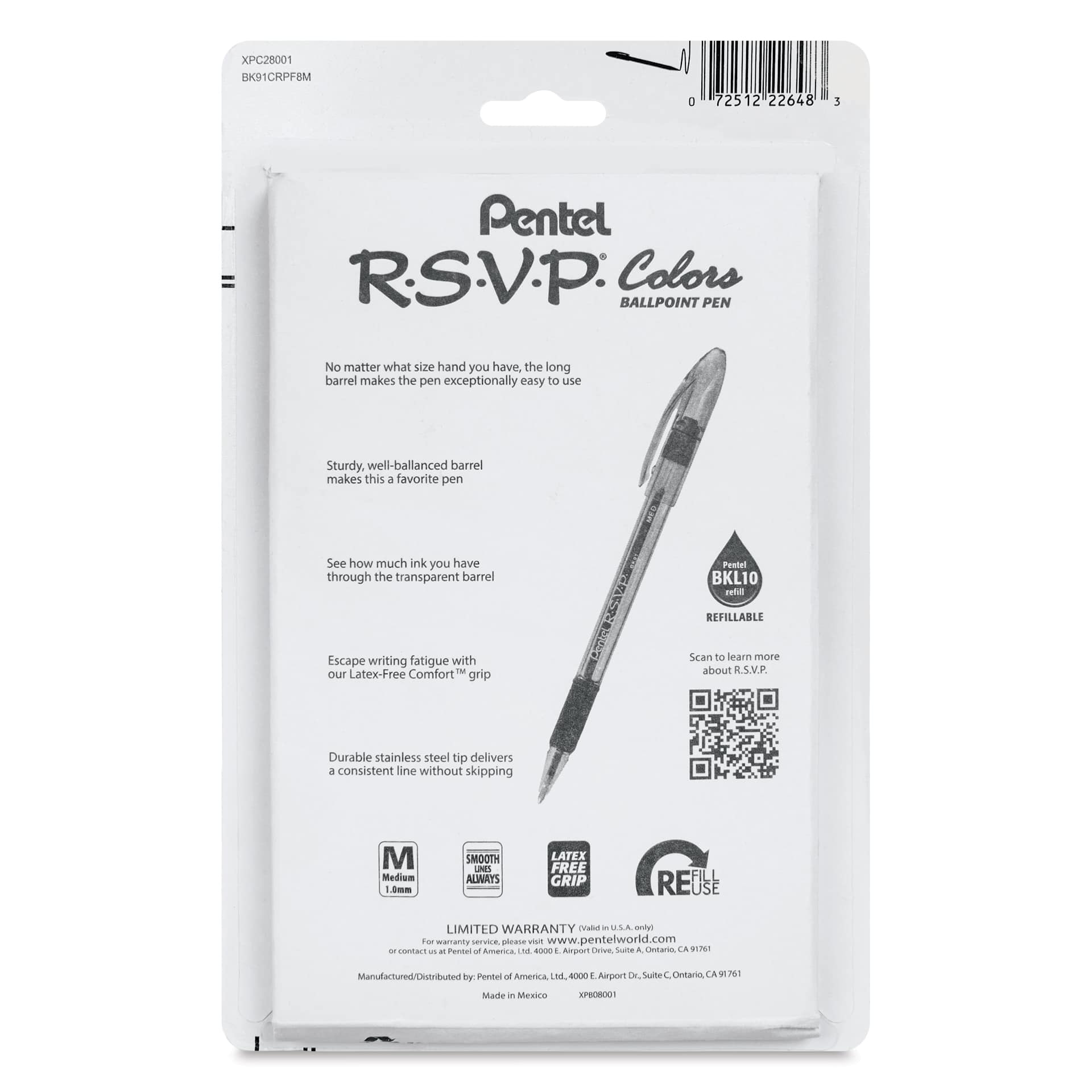 Pentel RSVP Colors Ballpoint Pens - Set of 8, back of the packaging