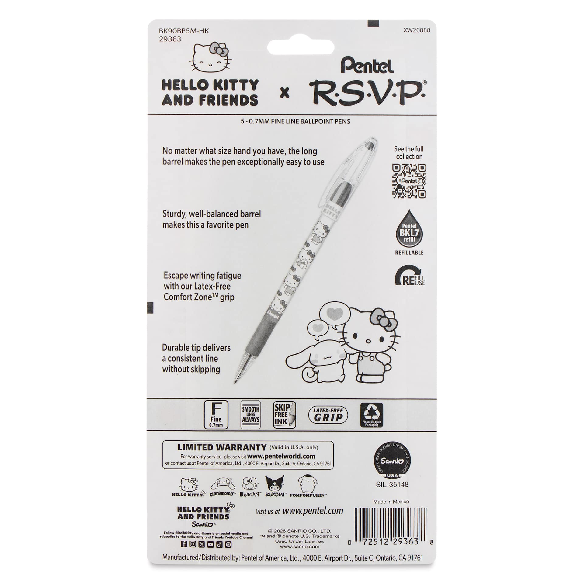 Pentel RSVP Colors Ballpoint Pens - Primary Colors, Medium Tip, Set of 5, back of packaging