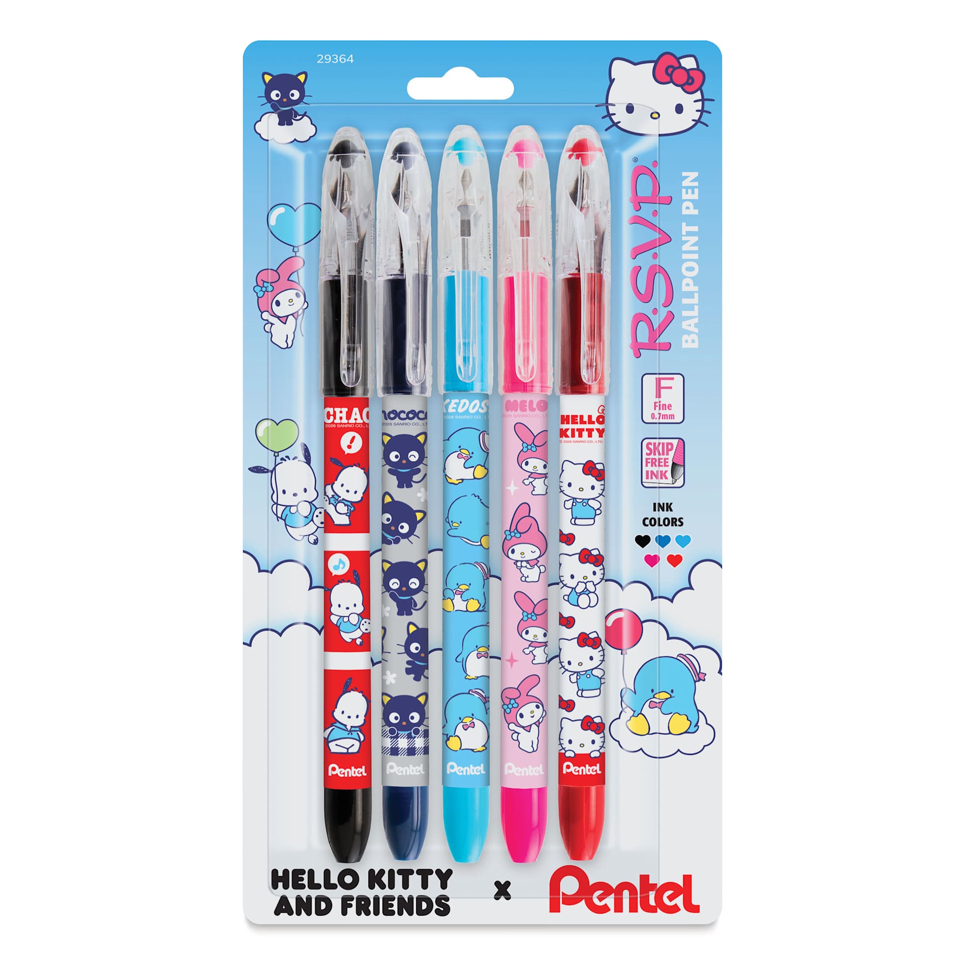 Pentel RSVP Colors Ballpoint Pens - Hello Kitty and Friends, Secondary Colors, Fine Tip, Set of 5, front of packaging