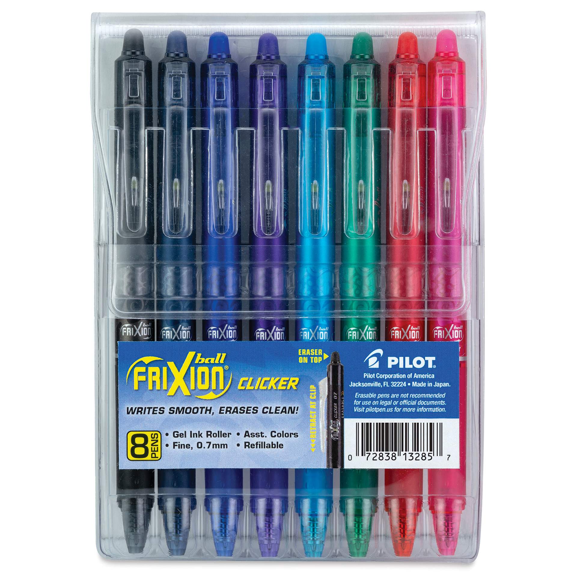 Pilot Frixion Clicker Erasable Gel Pens - Retractable, Assorted, Set of 8, Fine, front of the pack