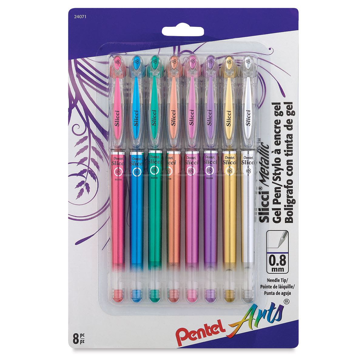 Pentel Slicci Pens - Front of blister package showing 8 metallic pens
