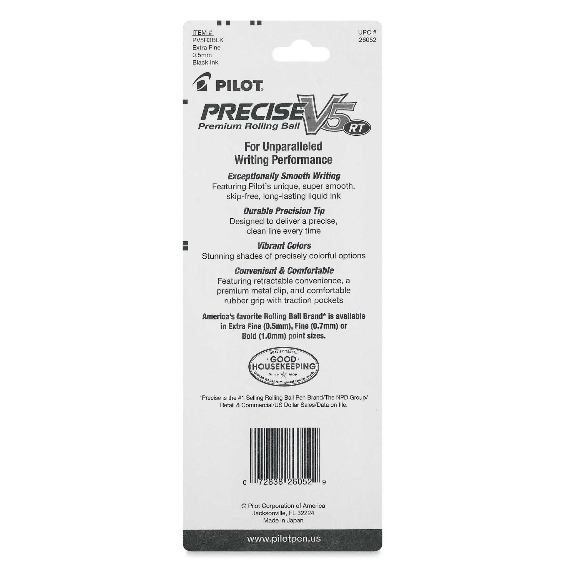 Pilot Precise V5 Retractable Pens - Black, Extra Fine, Pkg of 3, back of the packaging