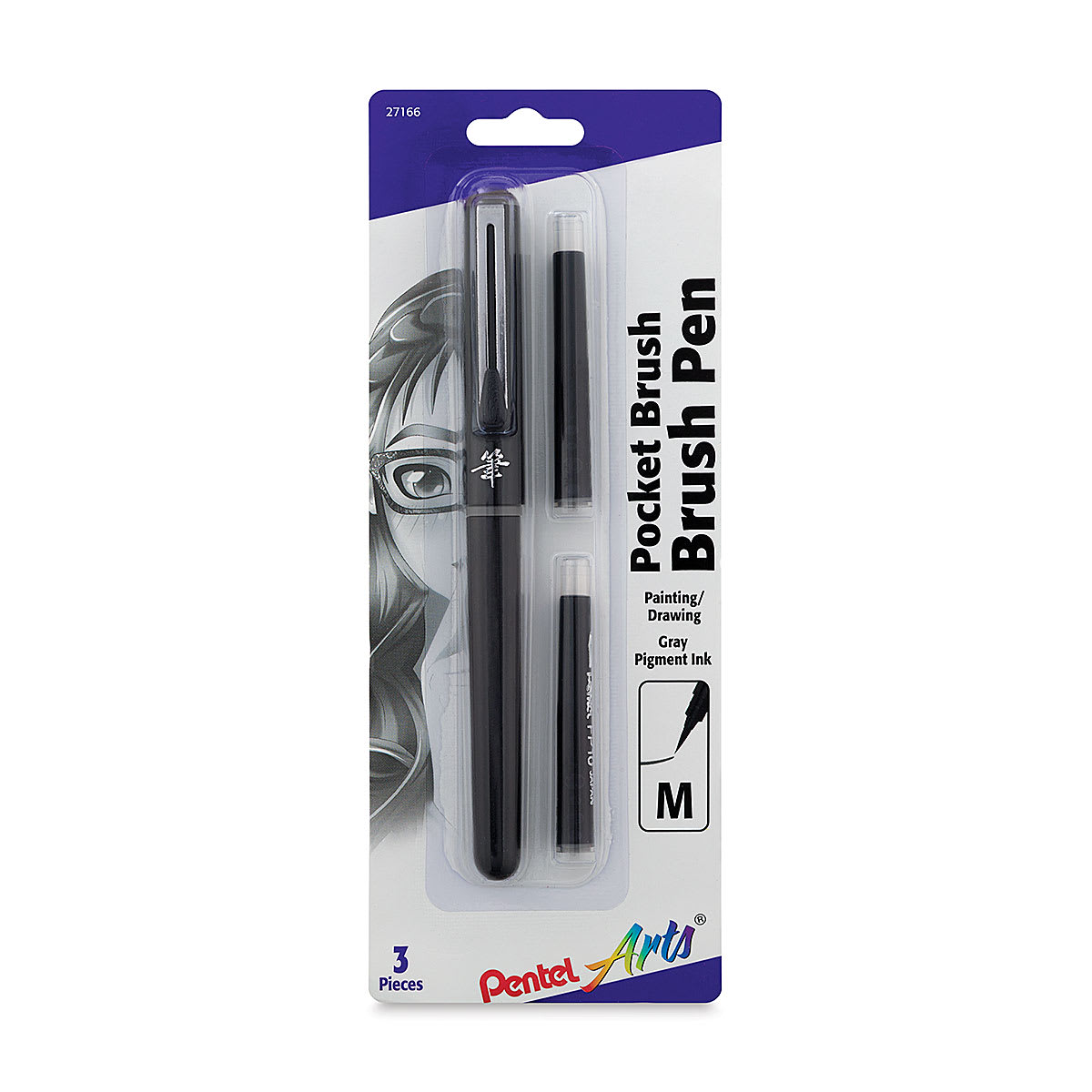 Pentel Pocket Brush Pen - Pen and 2 Refills, Gray, In package