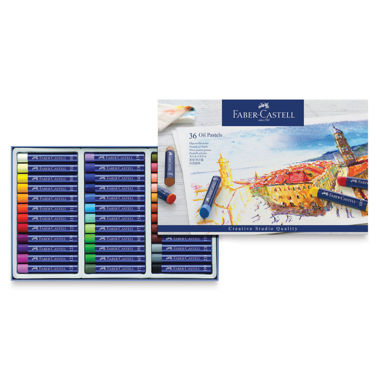 Faber-Castell Goldfaber Studio Oil Pastel Set - Package open showing tray of 36 colors