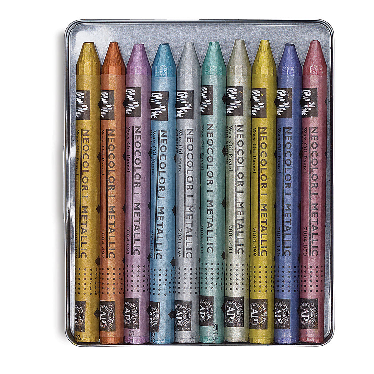 Caran d'Ache Neocolor I Wax Pastels - Set of 10 Metallic Pastels in open storage tin