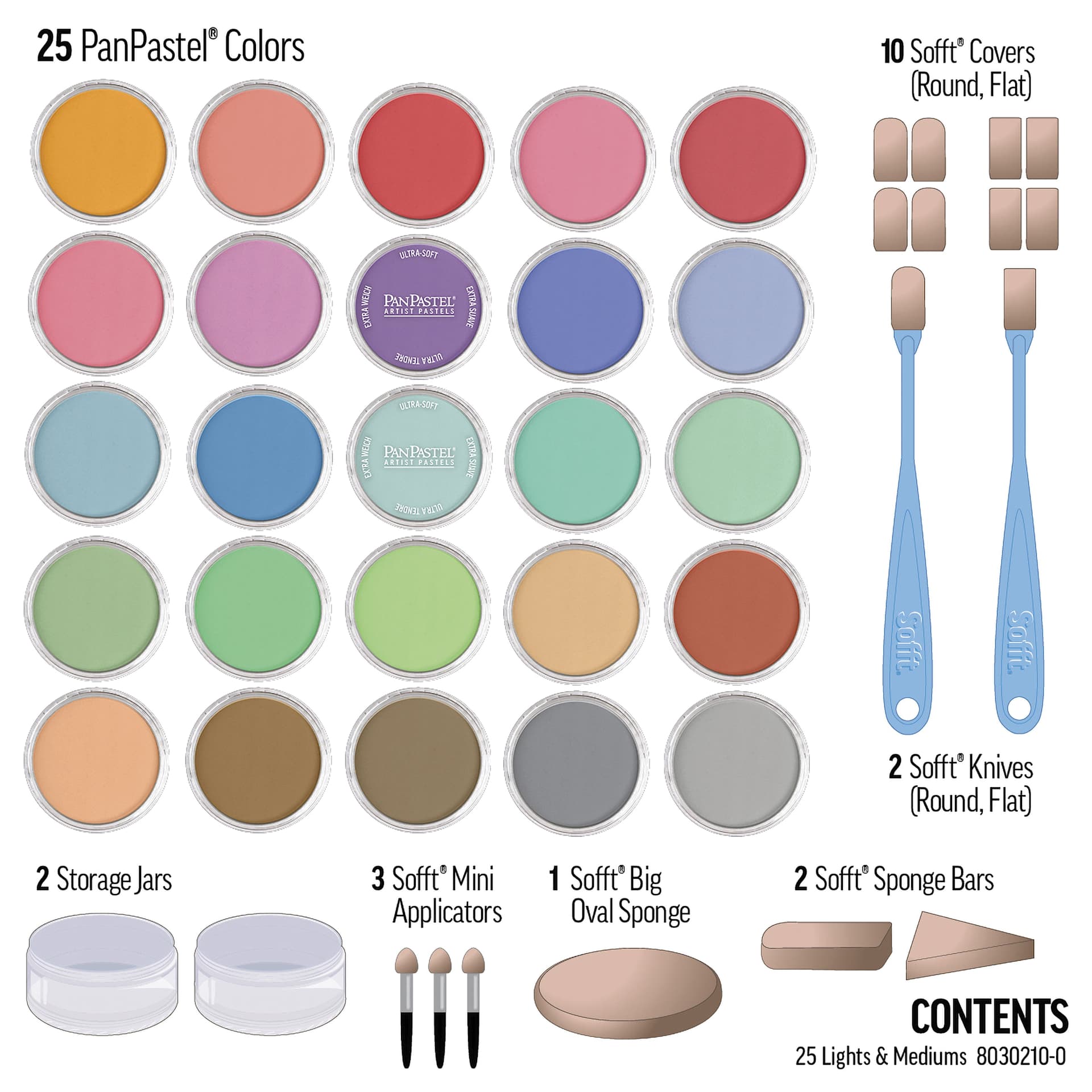 PanPastel Artists' Painting Pastels Set - Light & Medium Colors, Set of 25 - contents