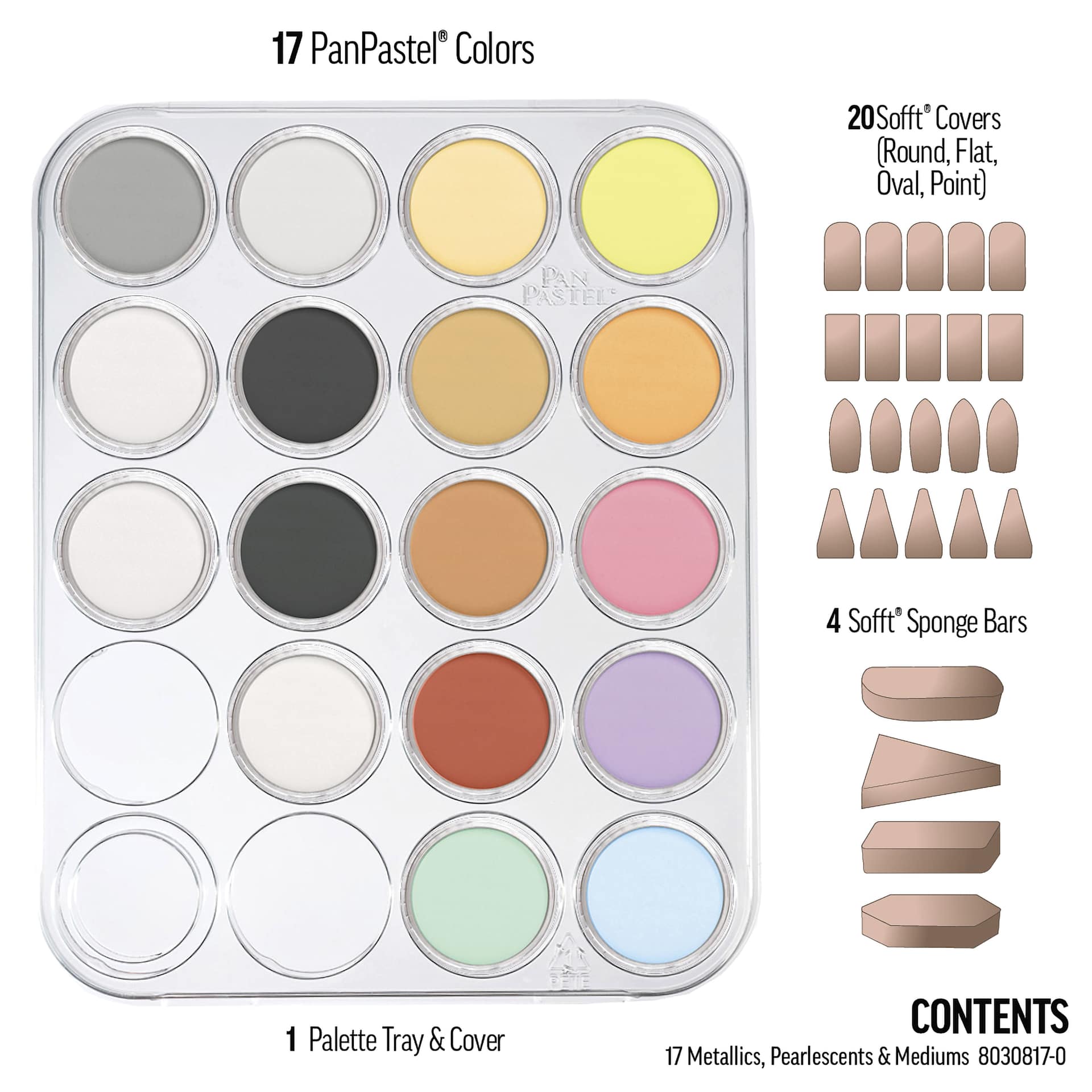 PanPastel Artists’ Painting Pastels Set - Metallic and Pearl Colors, Set of 17 - contents