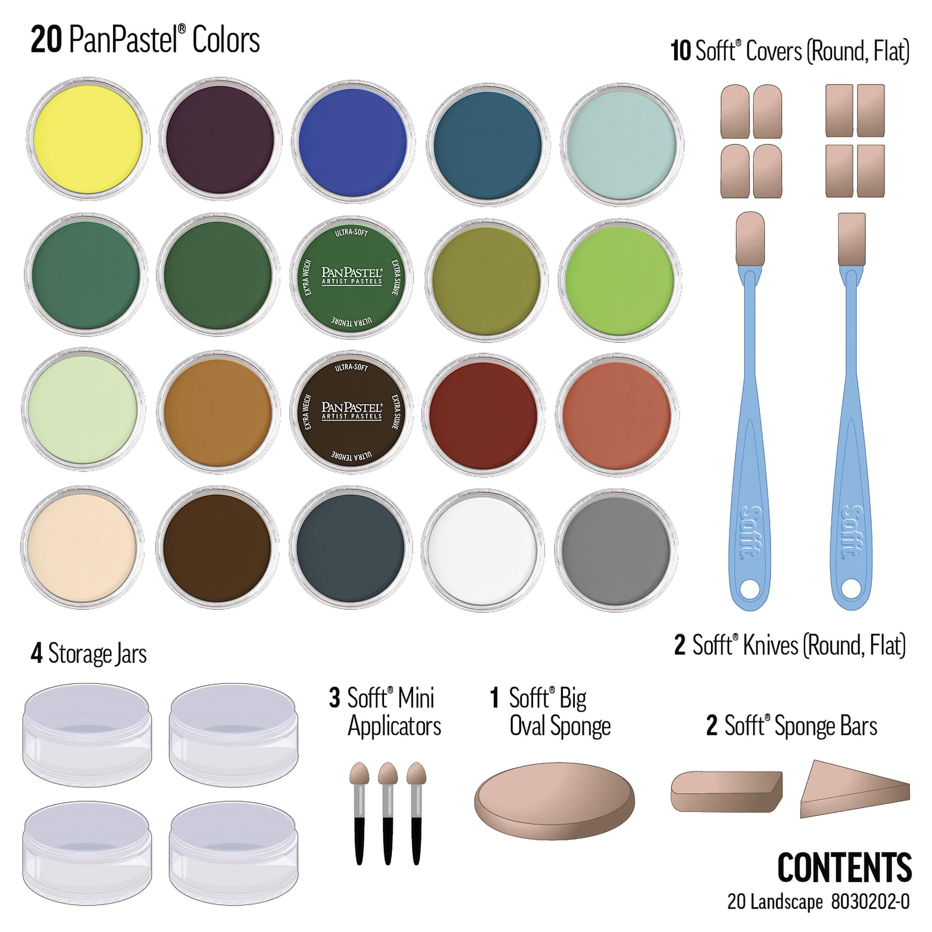 PanPastel Artists’ Painting Pastels Set - Landscape Colors, Set of 20 - contents