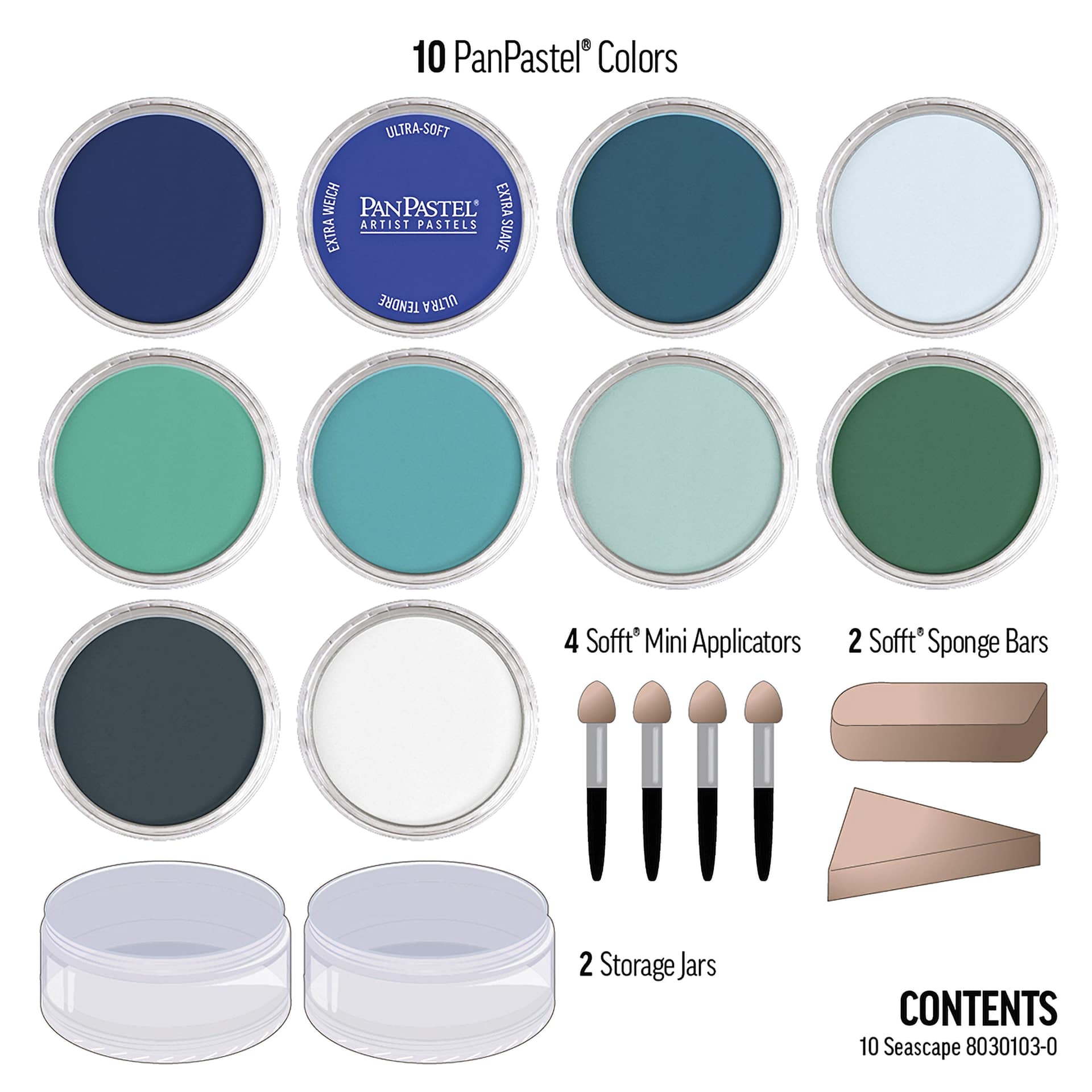 PanPastel Artists’ Painting Pastels Set - Seascape Colors, Set of 10 - contents