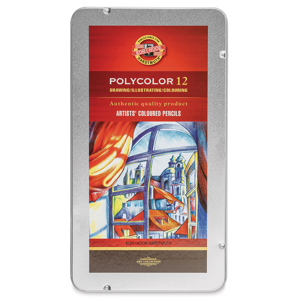 Koh-I-Noor Polycolor Dry Color Drawing Pencils, Set of 12. Front of package.