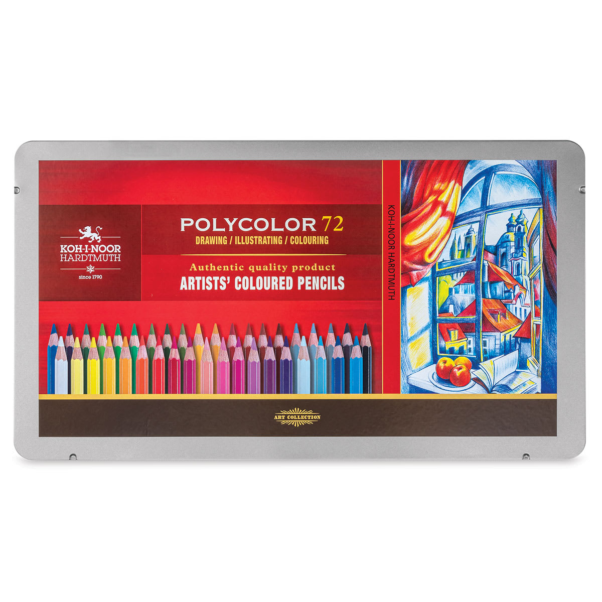 Koh-I-Noor Polycolor Dry Color Drawing Pencils, Set of 72. Front of package.