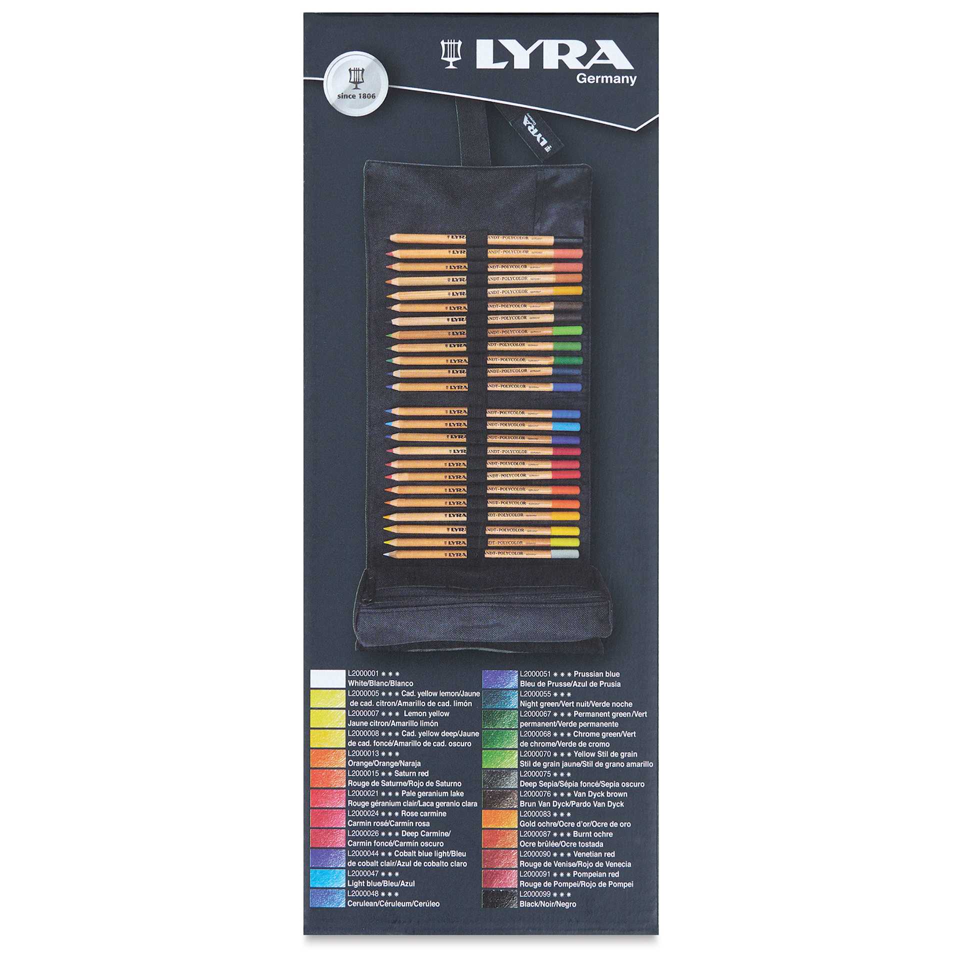 Lyra Rembrandt Polycolor Premium Oil-Based Colored Pencil Set - Set of 24, Roll, packaging showing set list