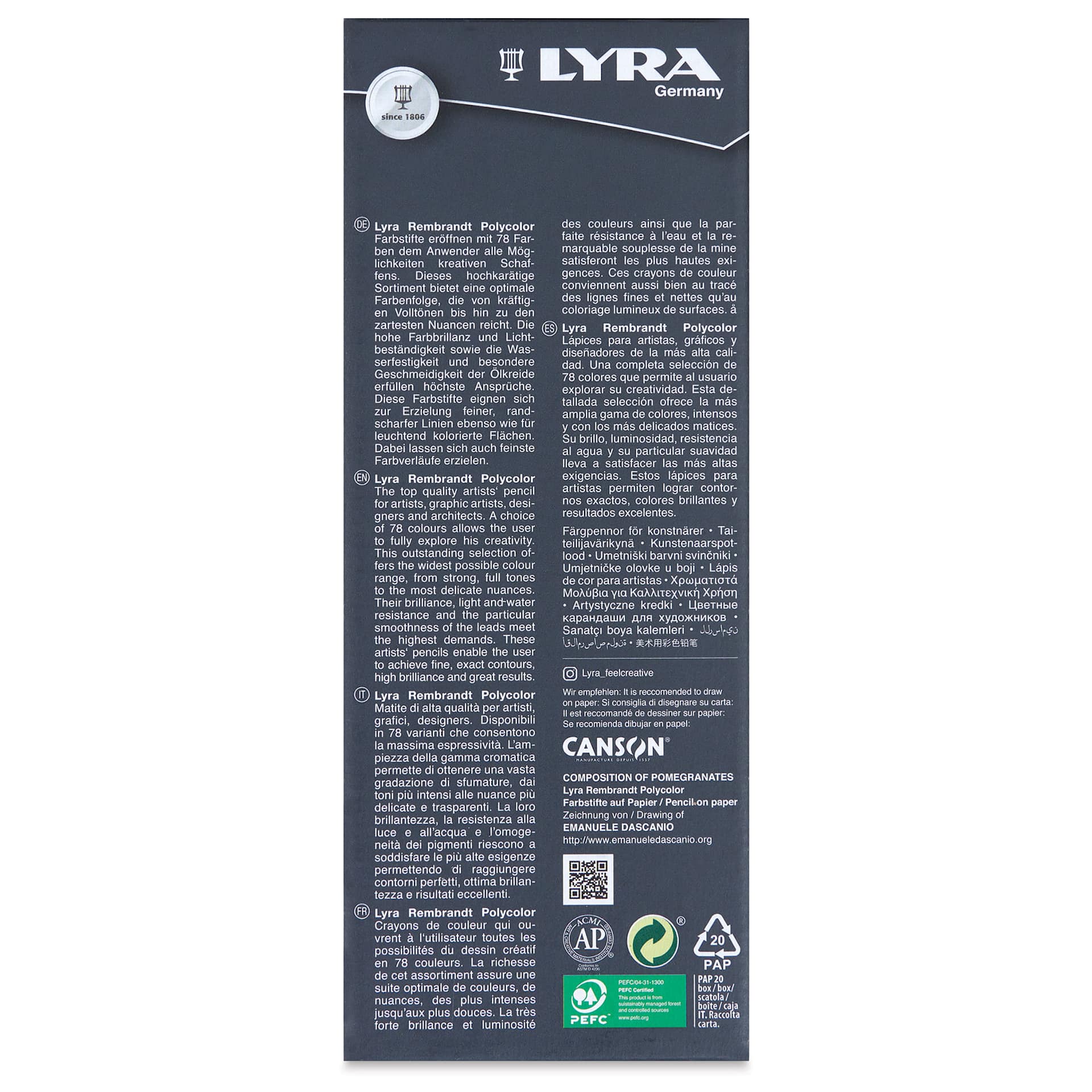 Lyra Rembrandt Polycolor Premium Oil-Based Colored Pencil Set - Set of 24, Roll, back of packaging