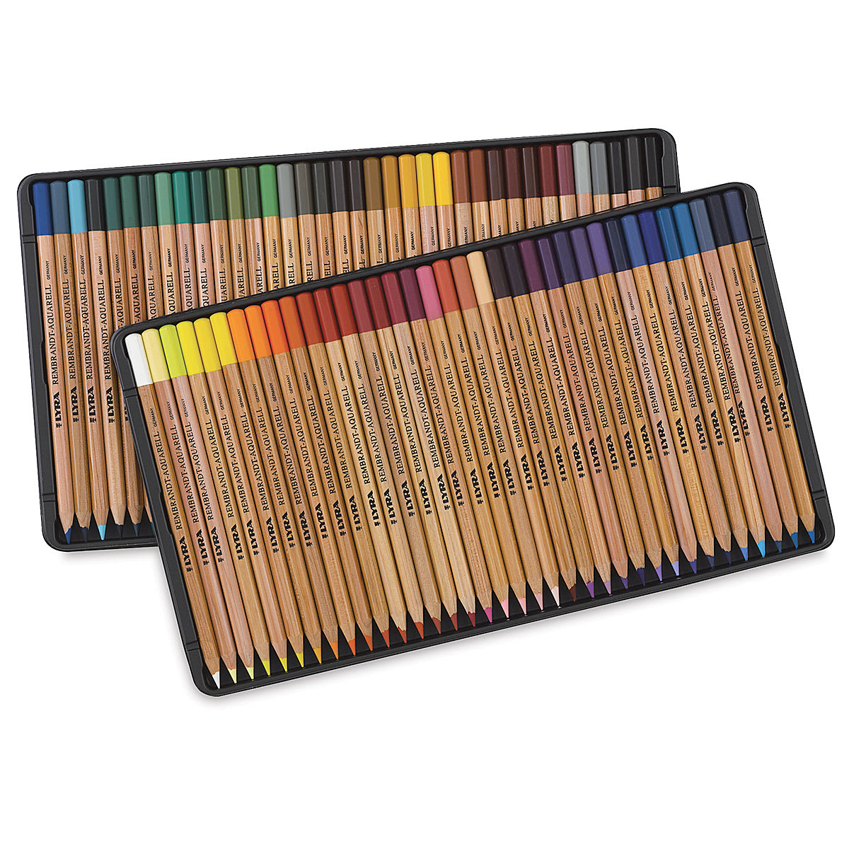 Lyra Rembrandt Aquarell Pencil Sets - Set of 72 Colors shown in 2 open storage tins