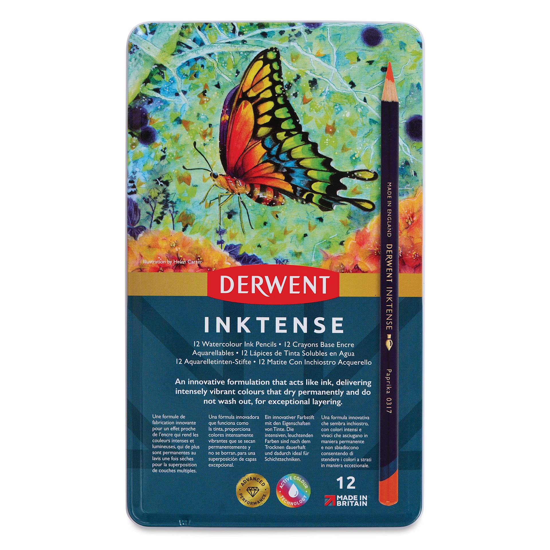 Derwent Inktense Pencils - Assorted Colors, Tin Box, Set of 12, front of tin