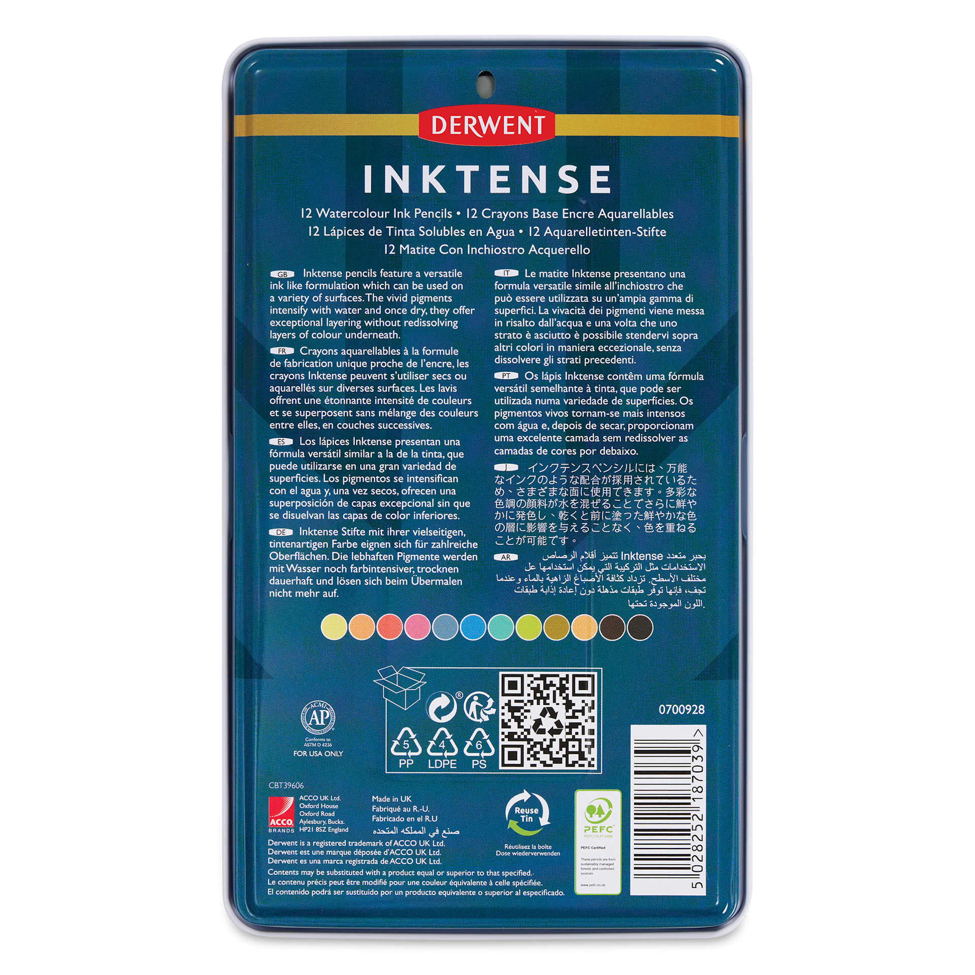 Derwent Inktense Pencils - Assorted Colors, Tin Box, Set of 12, back of tin