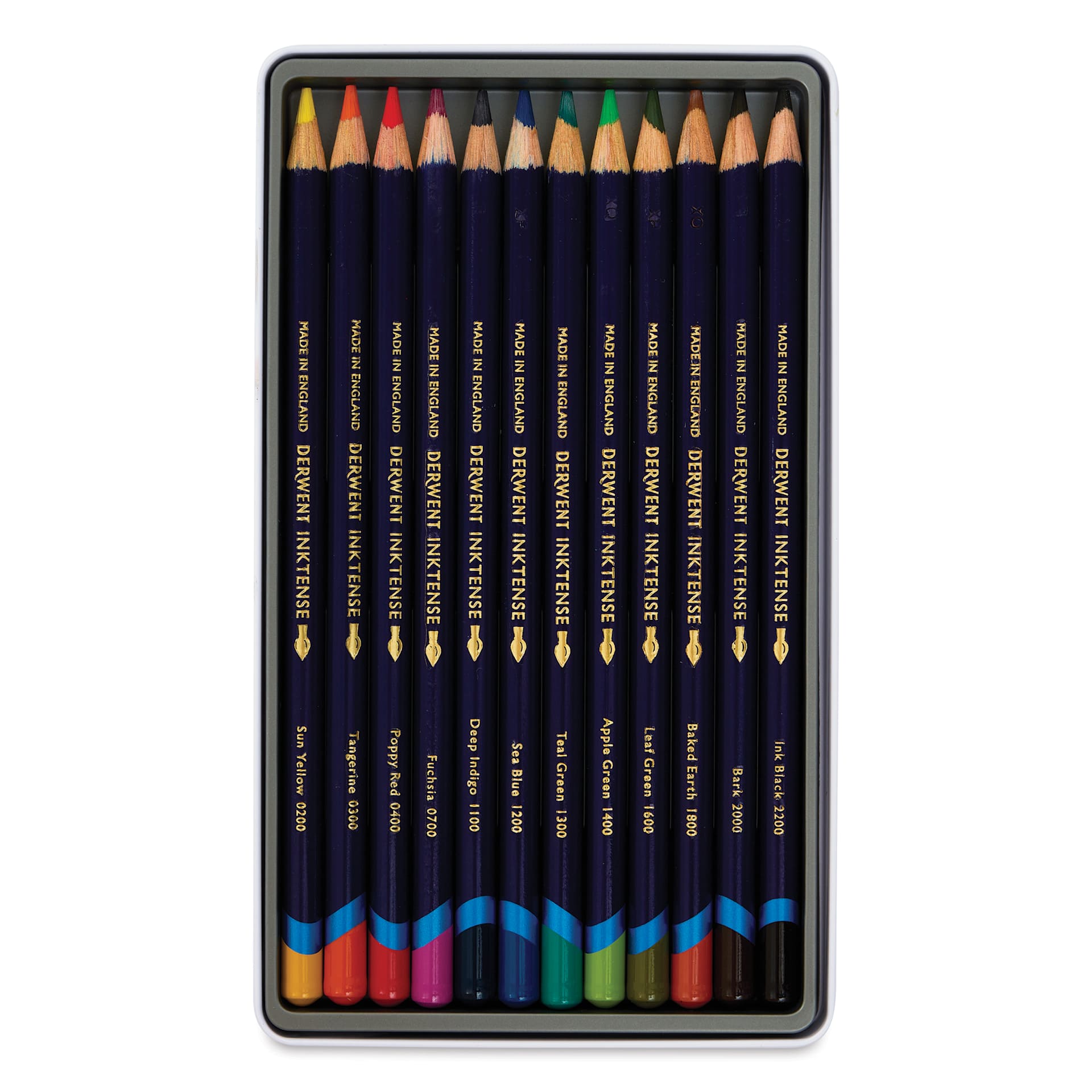 Derwent Inktense Pencils - Assorted Colors, Tin Box, Set of 12, open