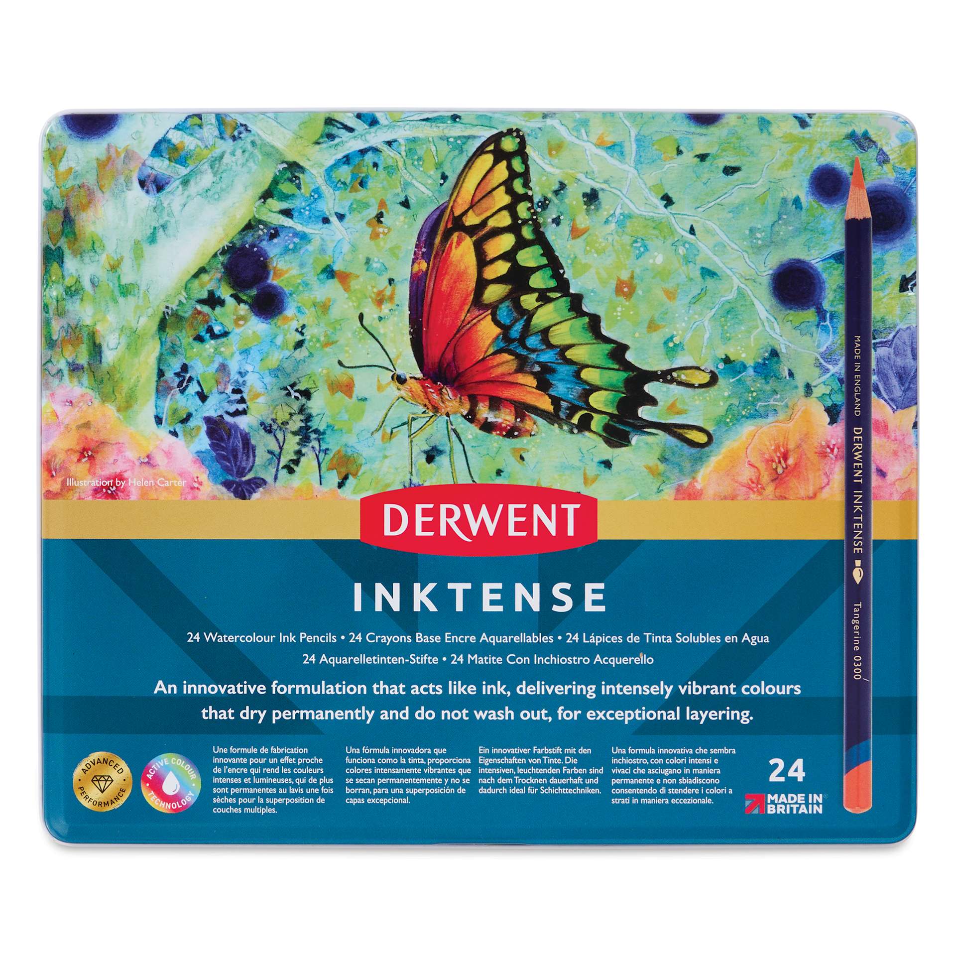 Derwent Inktense Pencils - Tin Box, Set of 24, front of tin
