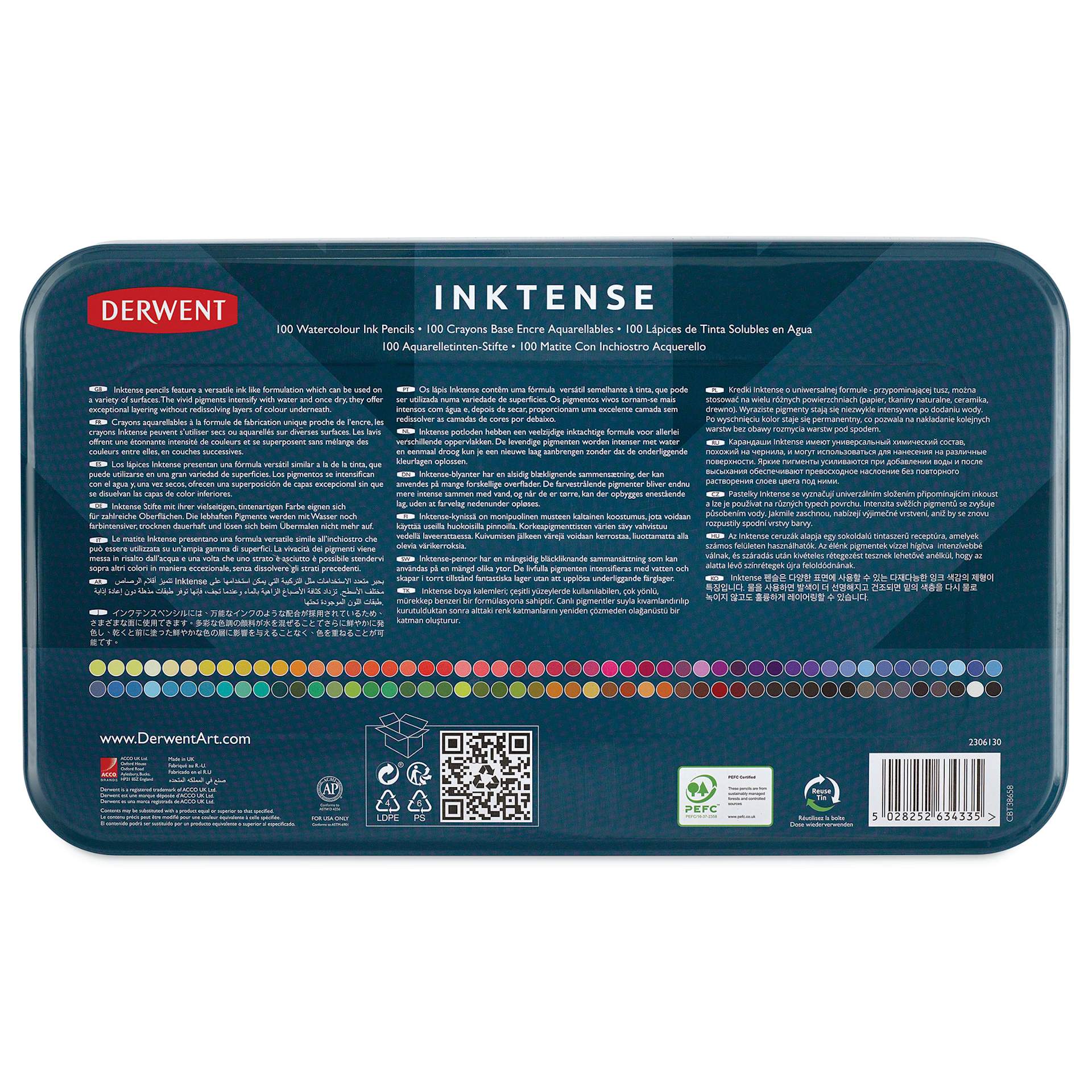 Derwent Inktense Pencils - Tin Box, Set of 100, back of tin