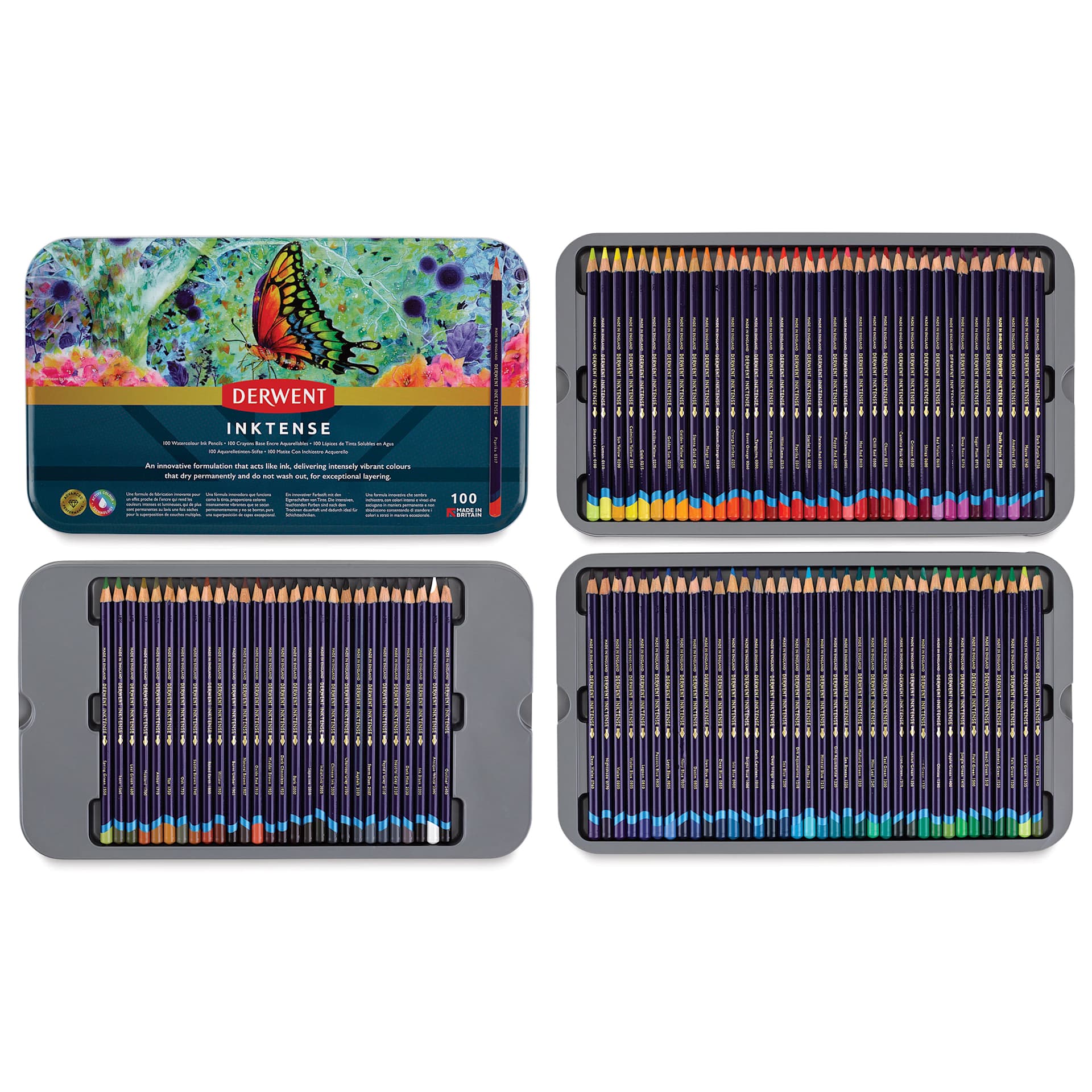 Derwent Inktense Pencils - Tin Box, Set of 100, layers of tin next to cover
