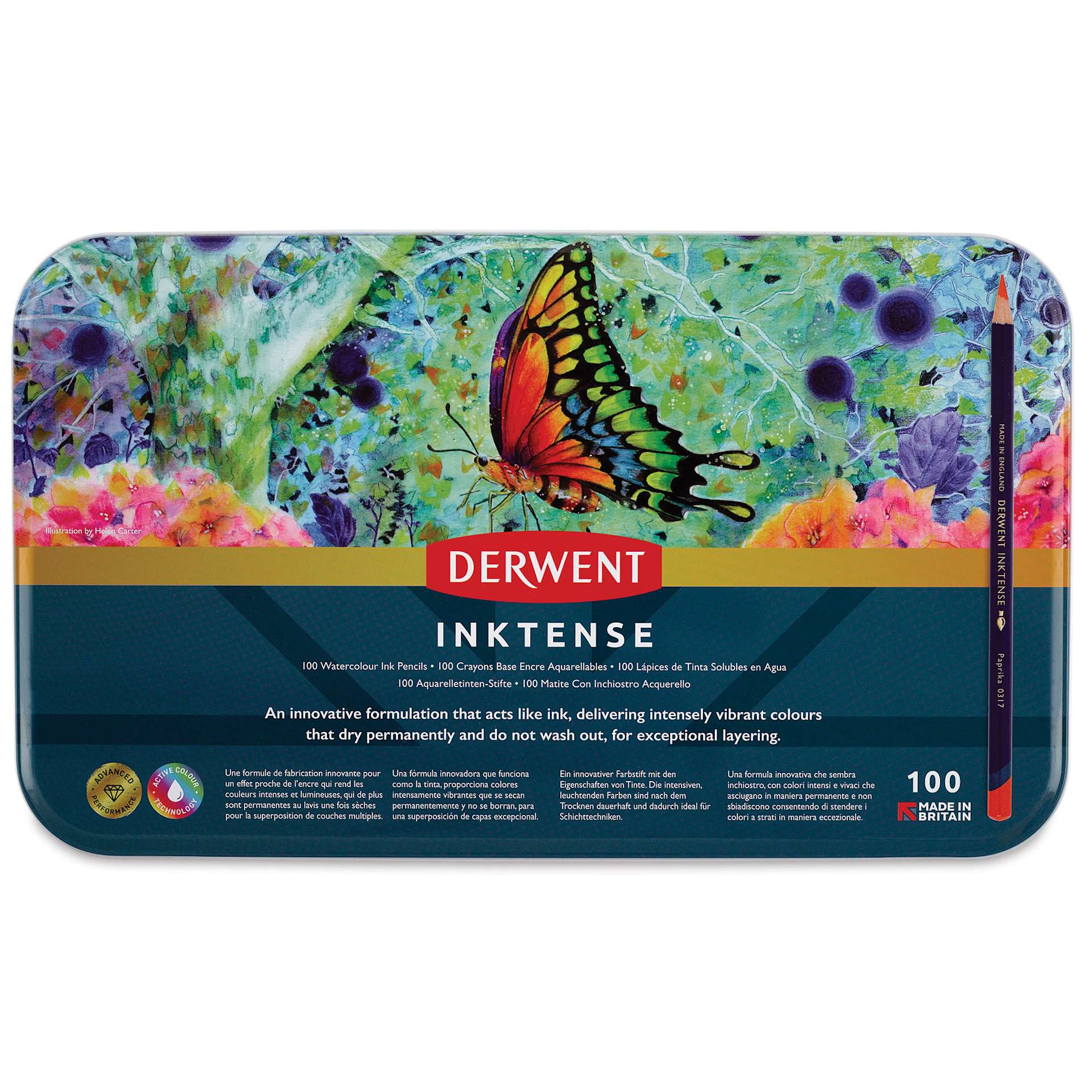 Derwent Inktense Pencils - Tin Box, Set of 100, front of tin