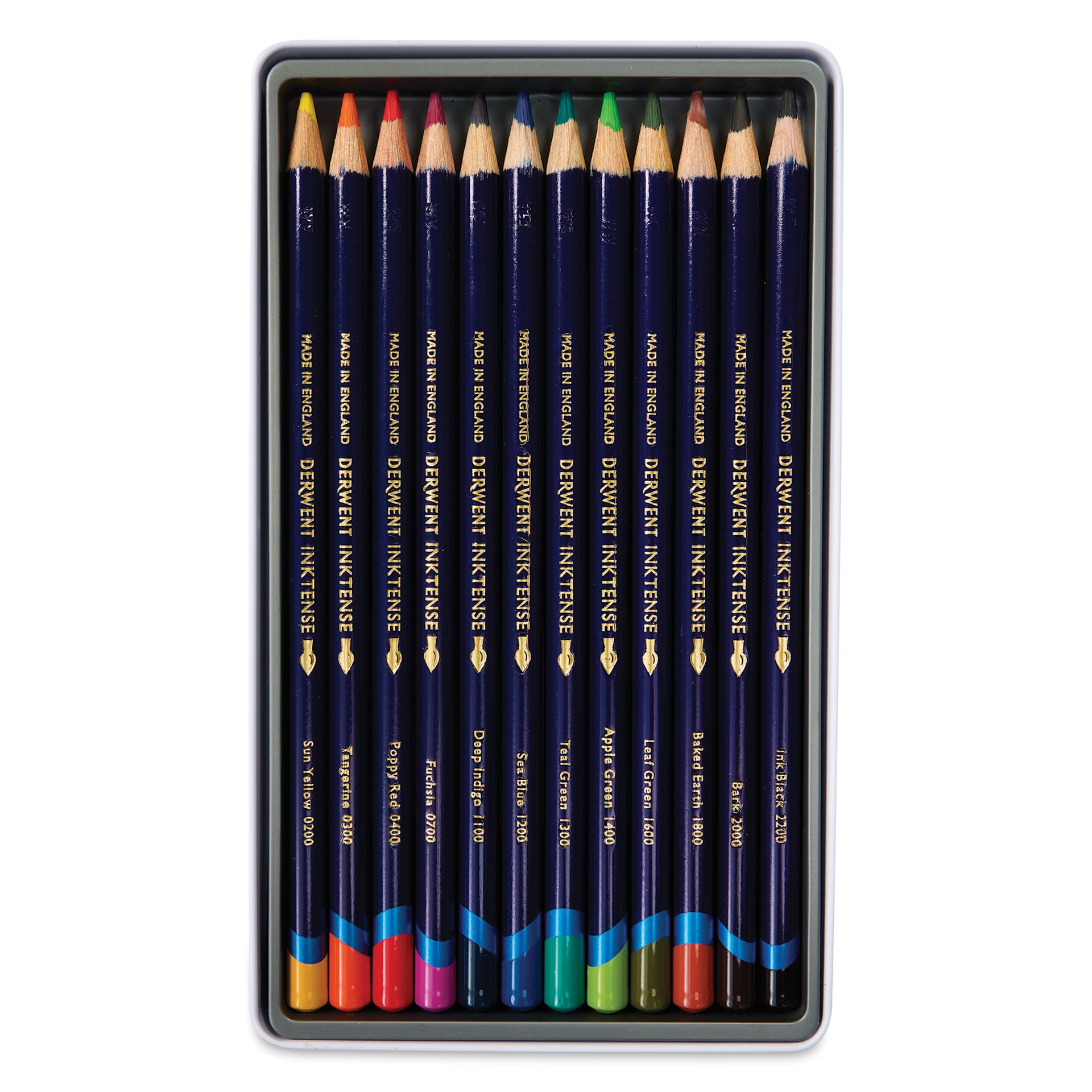 Derwent Inktense Pencils - Set of 12 with push button waterbrush, Tin Box open showing pencils